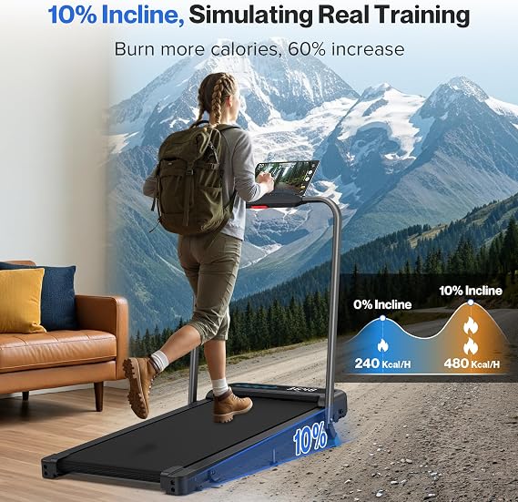 Walking Pad with 10% Incline, 4 in 1 Foldable Walking Pad Treadmills with Handle Bar for Home Small Spaces, 3.0HP Portable Quiet Compact Under Desk Treadmill with Low Noise, Smart APP, LED Display