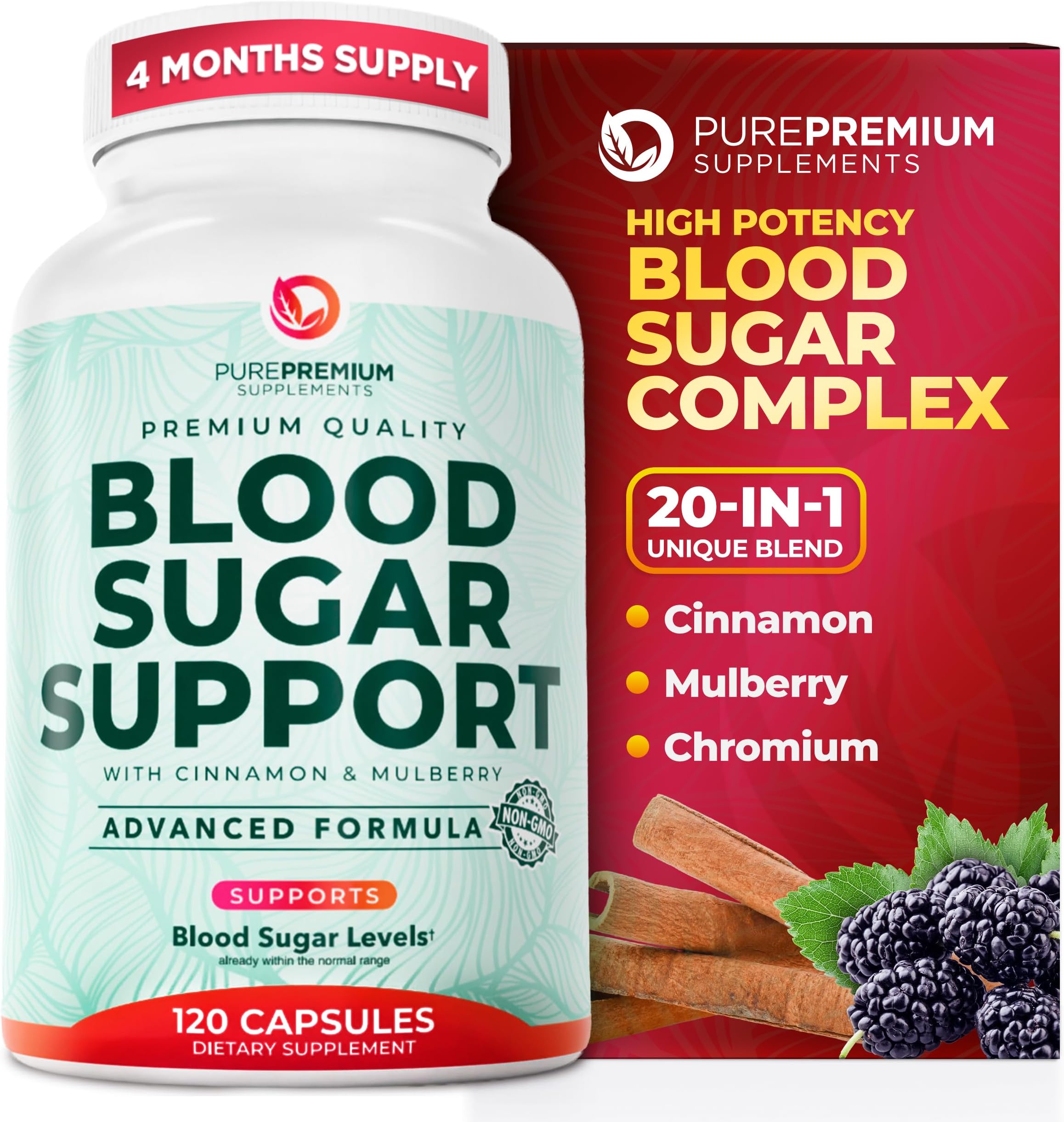 PurePremium Normal Blood Sugar Support Supplement - 20 Active Ingredients Complex to Support Blood Sugar Levels Already in The Normal Range - with Cinnamon, Bitter Melon, Chromium, Mulberry - 120ct