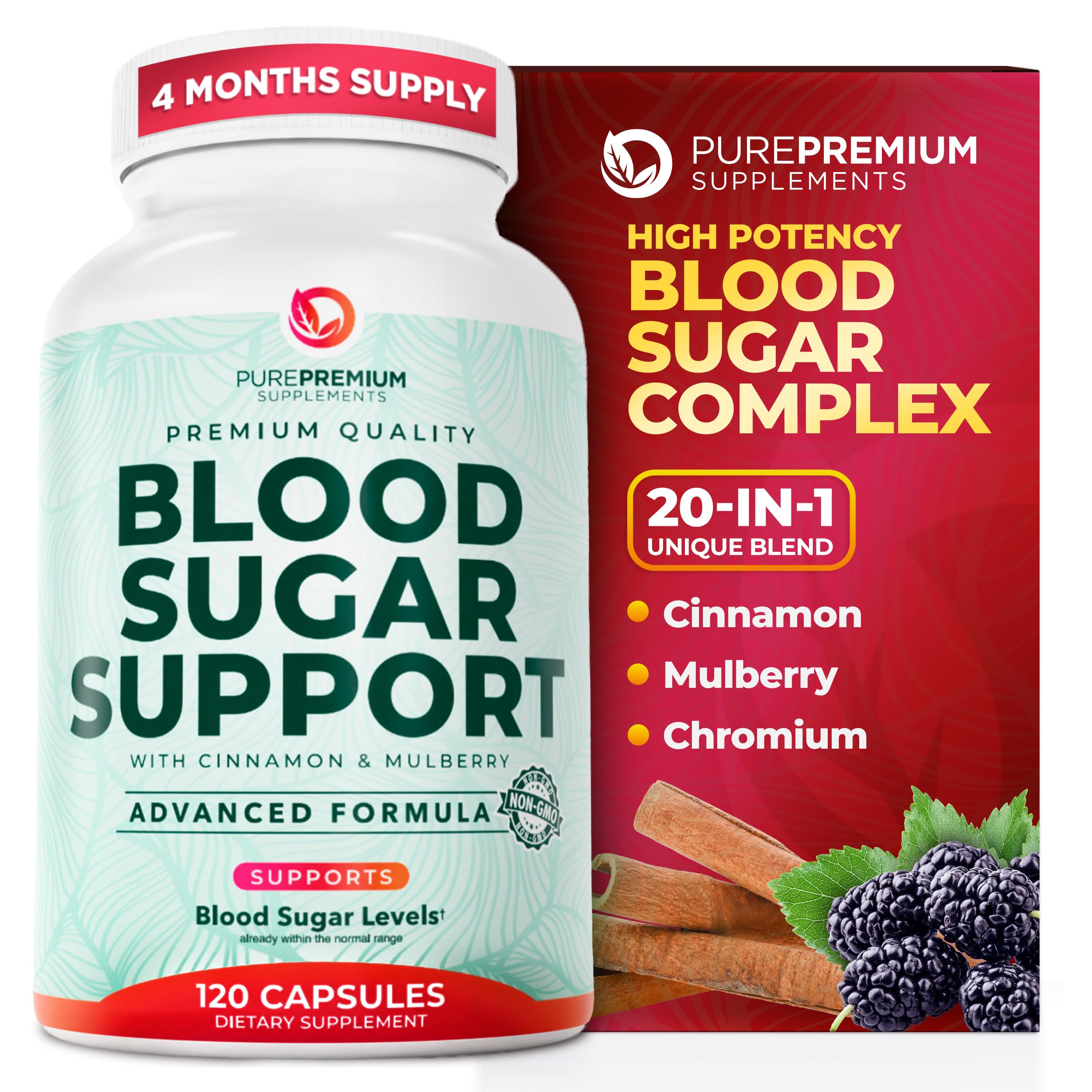 PurePremium Normal Blood Sugar Support Supplement - 20 Active Ingredients Complex to Support Blood Sugar Levels Already in The Normal Range - with Cinnamon, Bitter Melon, Chromium, Mulberry - 120ct