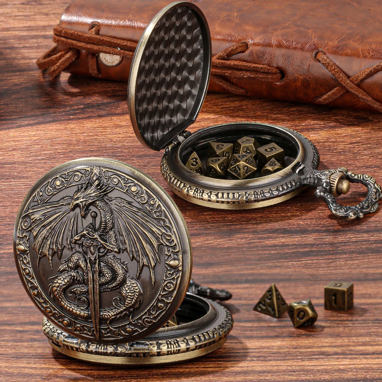 Steampunk D&D Würfel-Set In Taschenuhr - Mit 7 Metall-Würfeln | Perfectes Geschenk Für Rollenspiel-Fans
