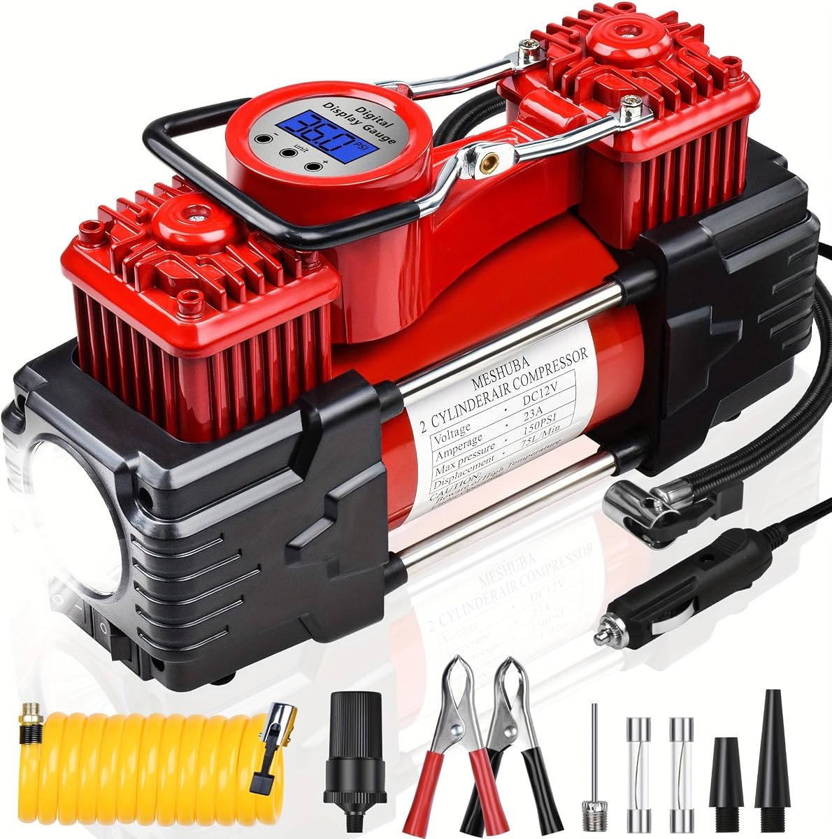 Dual Cylinder Tire Inflator Air Compressor, 150 PSI 12V DC Portable Air Pump with Digital Display, LED Flashlight, Auto Shut-Off, Heavy Duty for Truck, SUV, Car, RV (RED) | Dual Cylinder Tire Inflator with 75L/min airflow, digital gauge, LED light and auto shut-off for cars, SUVs and trucks