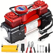 Dual Cylinder Tire Inflator Air Compressor, 150 PSI 12V DC Portable Air Pump with Digital Display, LED Flashlight, Auto Shut-Off, Heavy Duty for Truck, SUV, Car, RV RED
