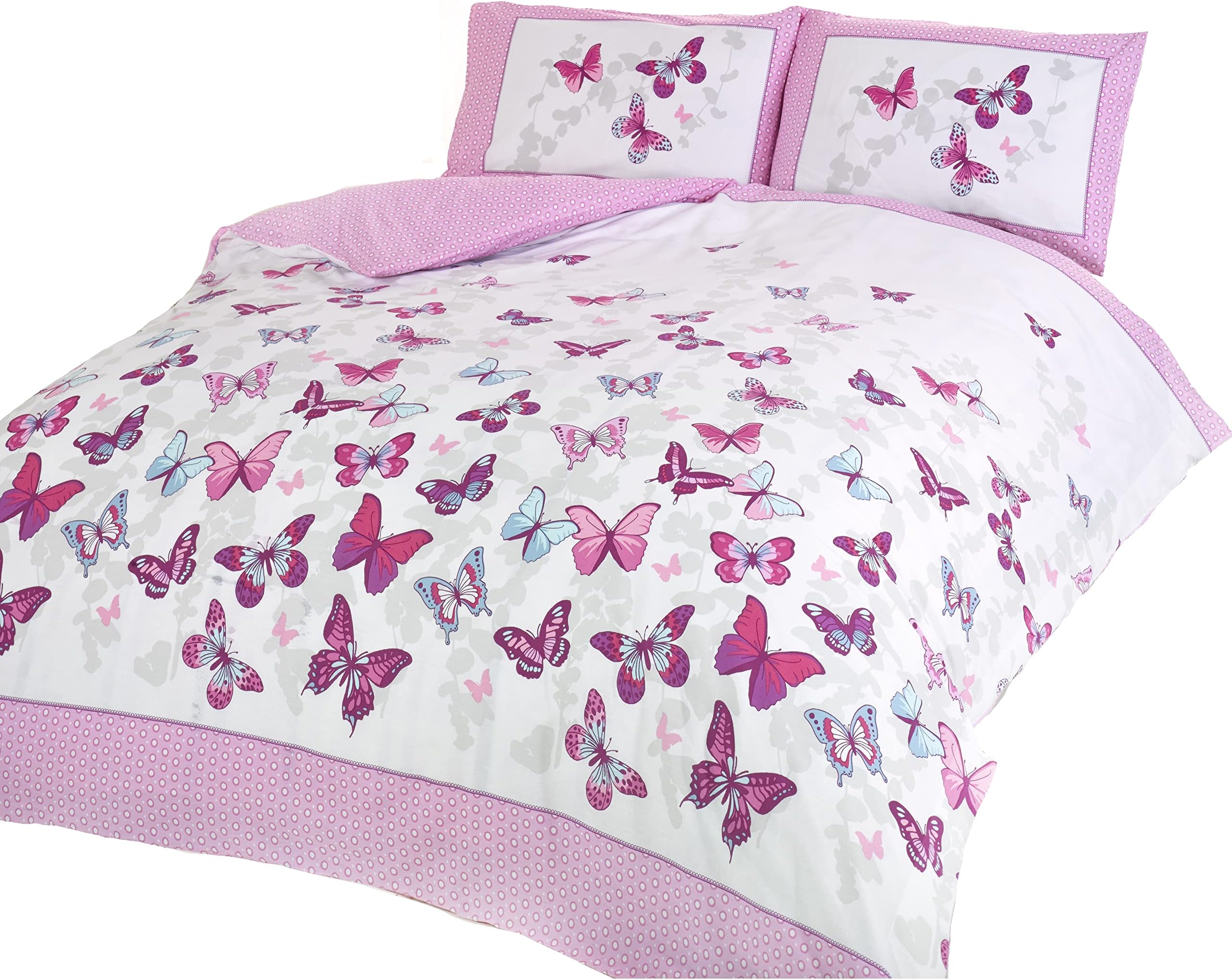 Rapport Home Furnishing Pink Butterfly King Duvet Cover Set | Reversible Easy Care Polycotton Bedding with 2 Pillowcases - 230cm x 220cm