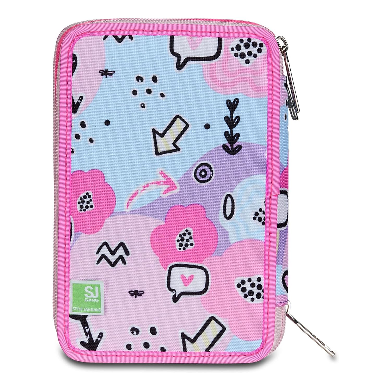 SJ GANG STYLE JAM GANG Astuccio Scuola 3 Zip, Rosa, PinkHugs, Portapenne Triplo Scomparto Completo Di Penne, Matite, Colori, Accessori Zaino, Elementari, Medie, Bambina
