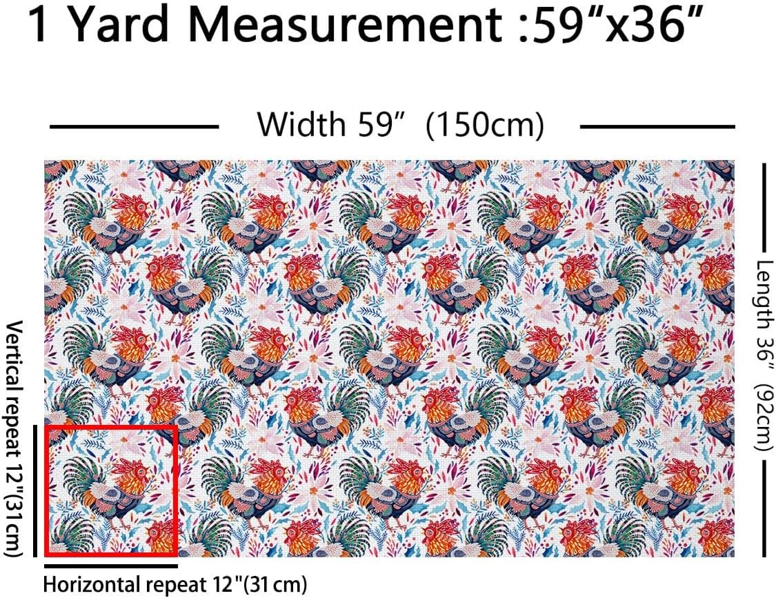 Boho Rooster Soft Flannel Polyester No Stretch Fabric by The Yard Flowers Leaves Plant Bohemia Style DIY Fabric by The Yard Farmhouse Chicken Animal,2 Yards