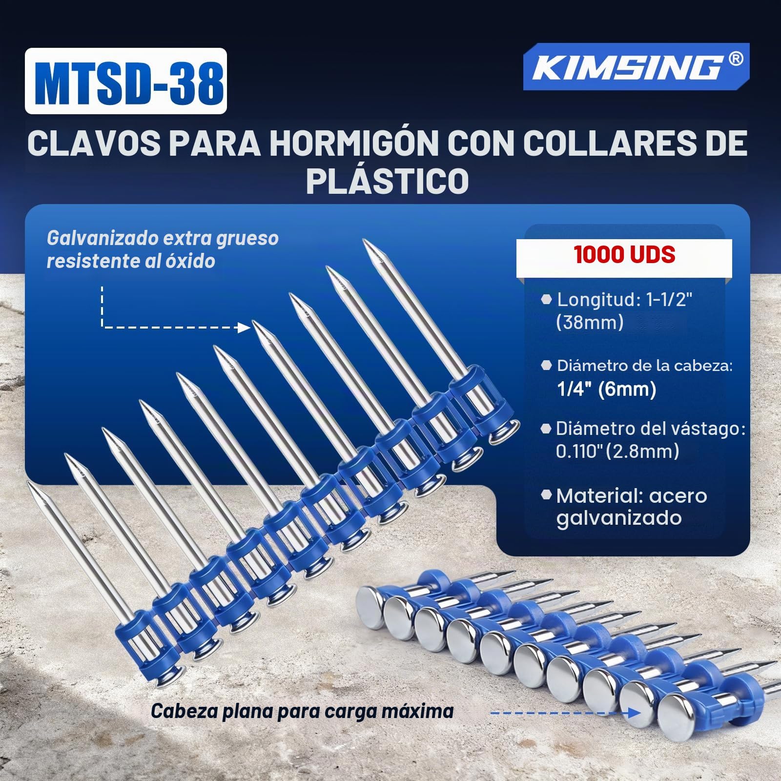 KIMSING MTSD-38 12GA clous pour béton 38mm 1000 pces pour portes | Galvanizado grueso anticorrosión, tira plástica para carga fácil, 38mm, para puertas, ventanas y techos