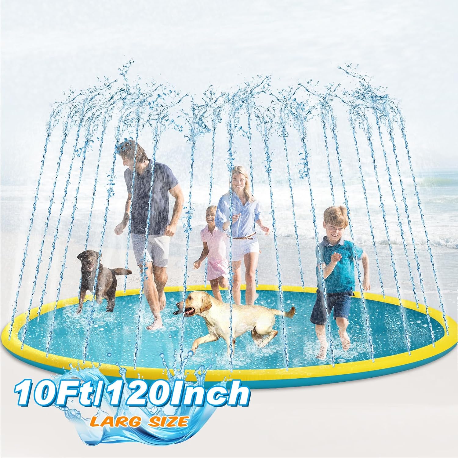 Lewtemi 10 ft Extra Large Non-Slip Splash Pad 120" for Adult Kids and Dog, Giant Thicken Sprinkler Pool Summer Outdoor Toys Fun Backyard Fountain Play Mat for Family Pet Dog(Yellow,Fresh Style)