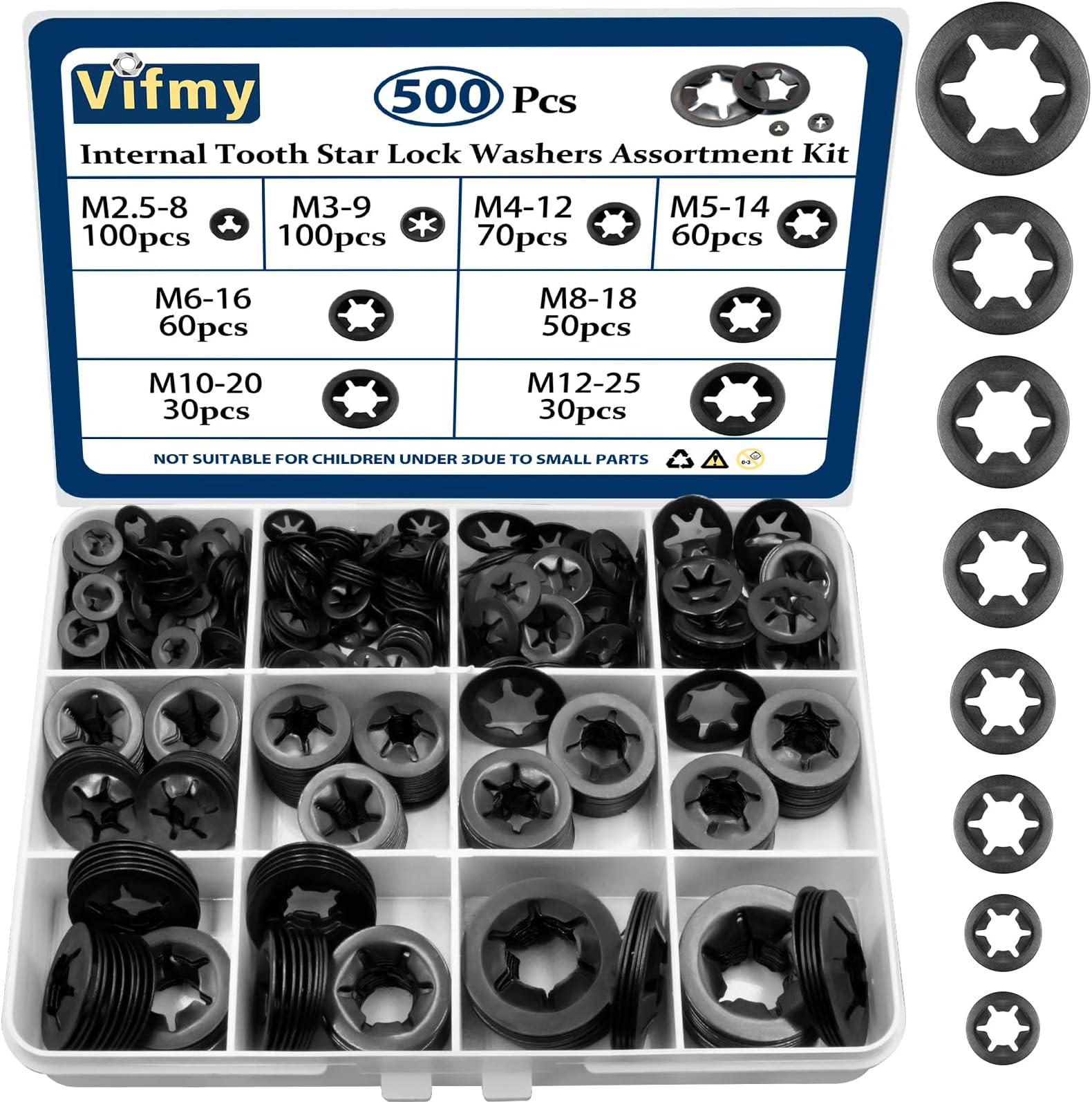 500PCS Internal Tooth Star Lock Washers，m2.5 m3 m4 m5 m6 m8 m10 m12 Quick Speed Locking Washers Assortment Kit，Steel Black Oxide Finish Push on Locking Washer
