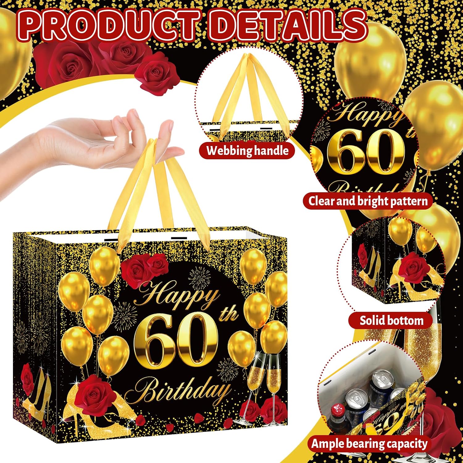 60th Birthday Gift Bag, Black&Gold Large Party Gift Bag with Ribbon Handle and Greeting Card, Happy 60th Birthday Decorative Gift Bags for Women, 60th Birthday Celebration Party Supplies image 3