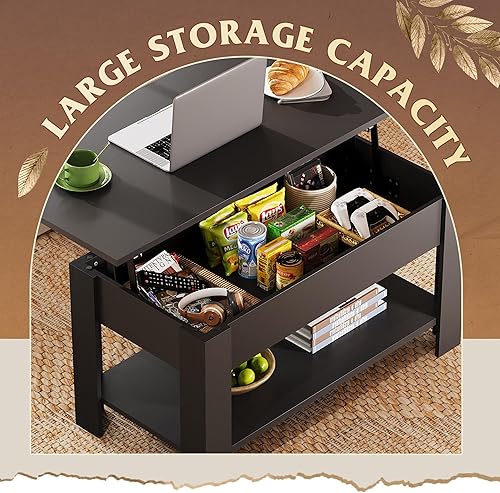 Miniatura 18 de WLIVE Mesa auxiliar, mesa de centro elevable de 47 pulgadas con compartimento oculto y 2 estantes de almacenamiento para sala de estar, espresso