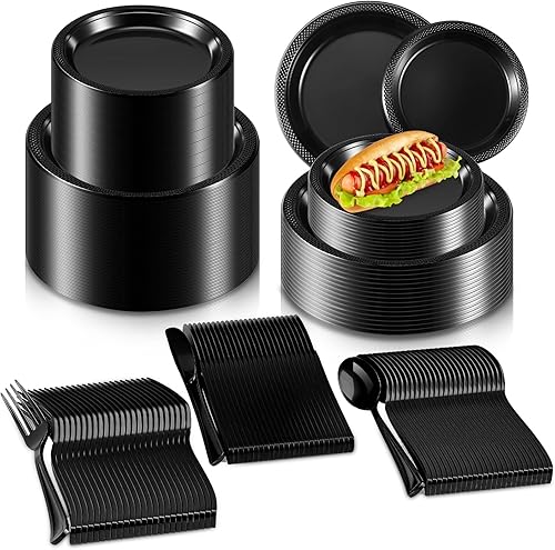 Mumufy Los juegos de 500 platos y cubiertos de plástico negro incluyen 200 platos de fiesta negros, 100 tenedores, 100 cuchillos, 100 cucharas,