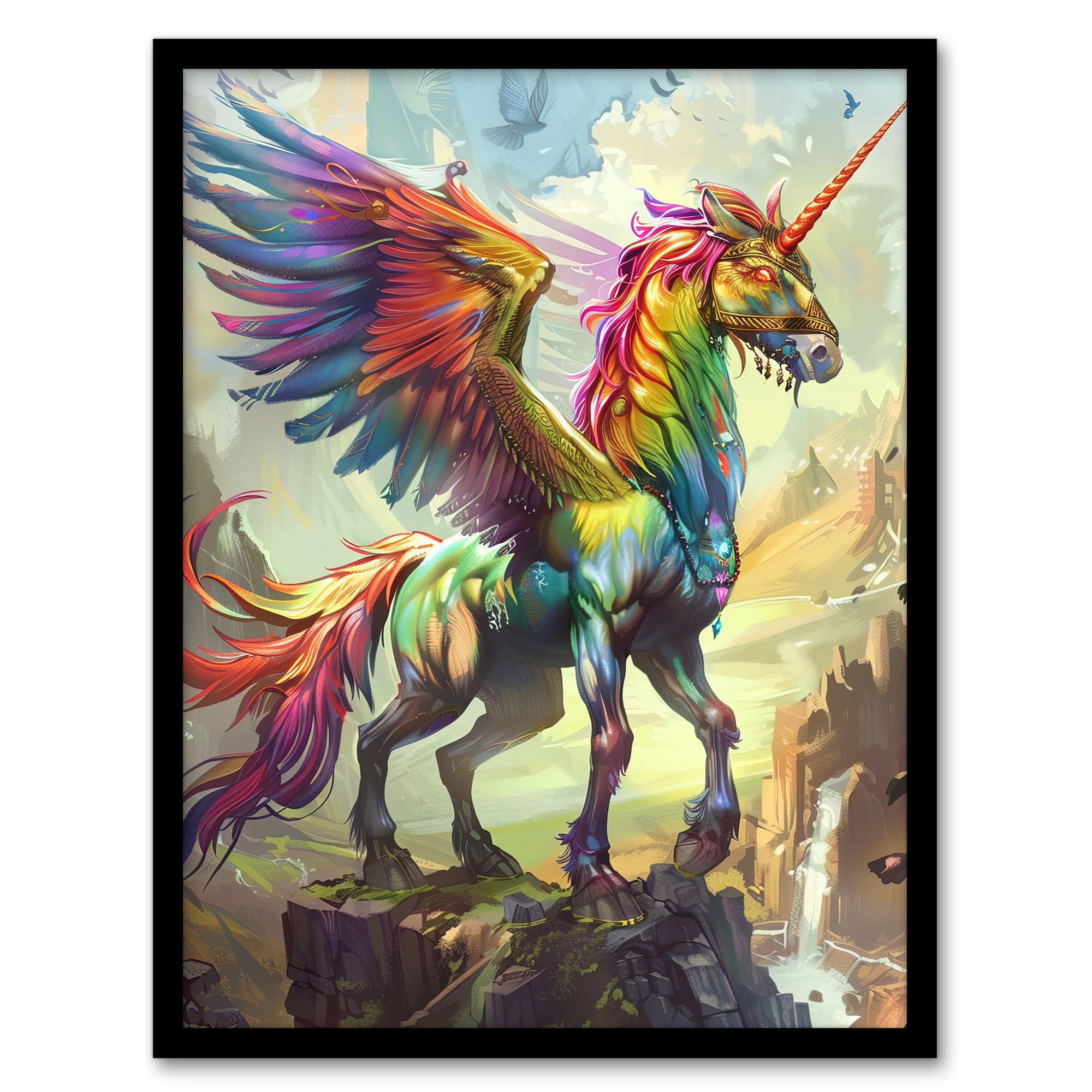 Artery8 Rainbow Warrior Unicorn Fantasy Concept Art Kids Bedroom Nursery Artwork Framed Wall Art Print A4