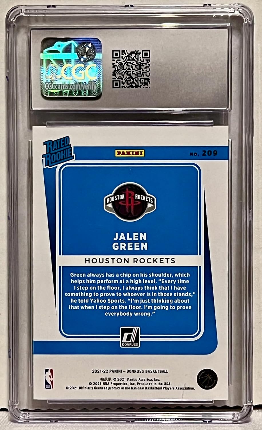 Jalen Green CGC Graded 10 Gem Mint Rated Rookie Collectible Football Card - 2022 Panini Donruss Basketball Card #209 (Rockets)