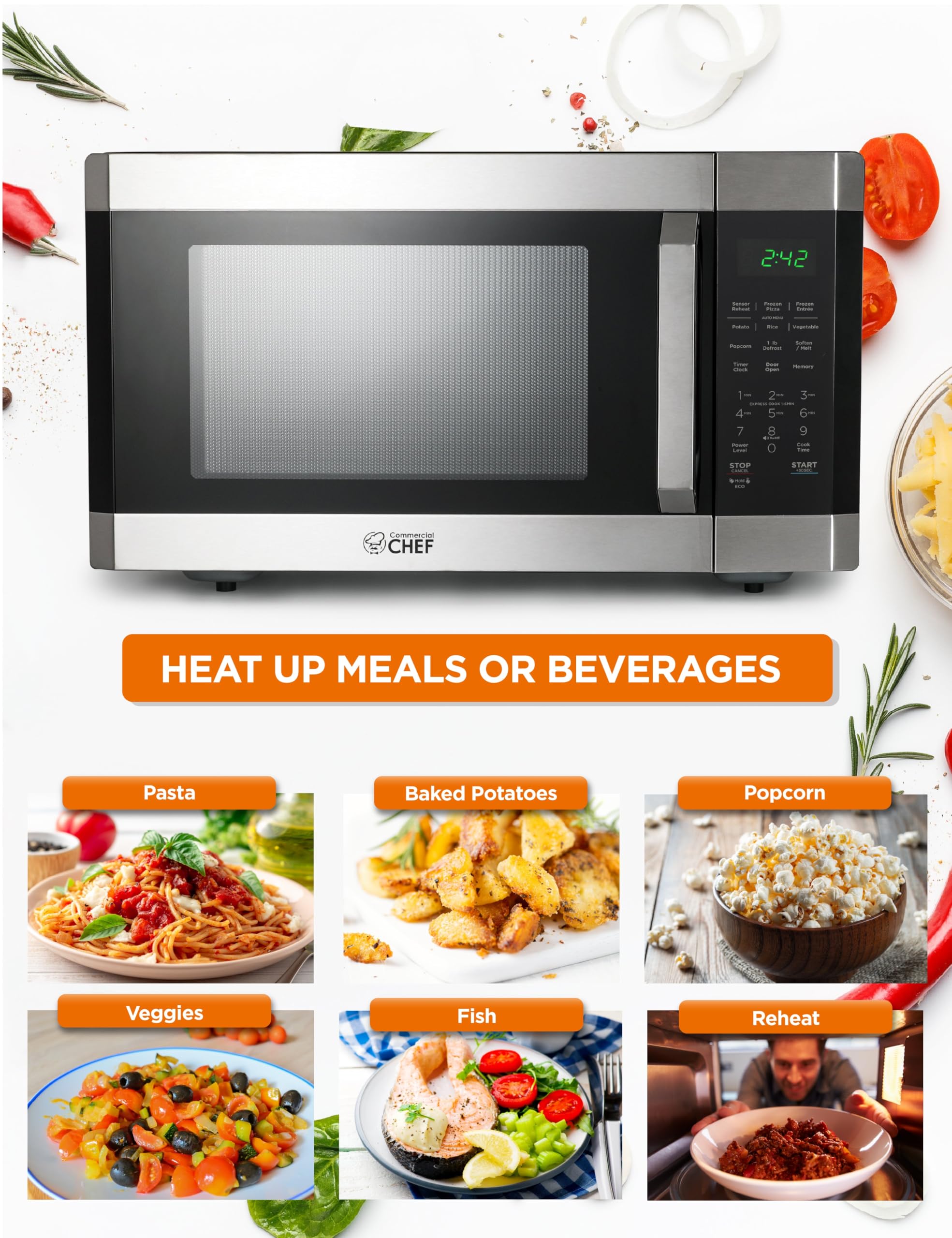 Microondas de 1.6 pies cúbicos con 10 niveles de potencia, microondas pequeño con mango de tracción para niños, microondas de 1100 vatios con paneles de control digital, acero 2
