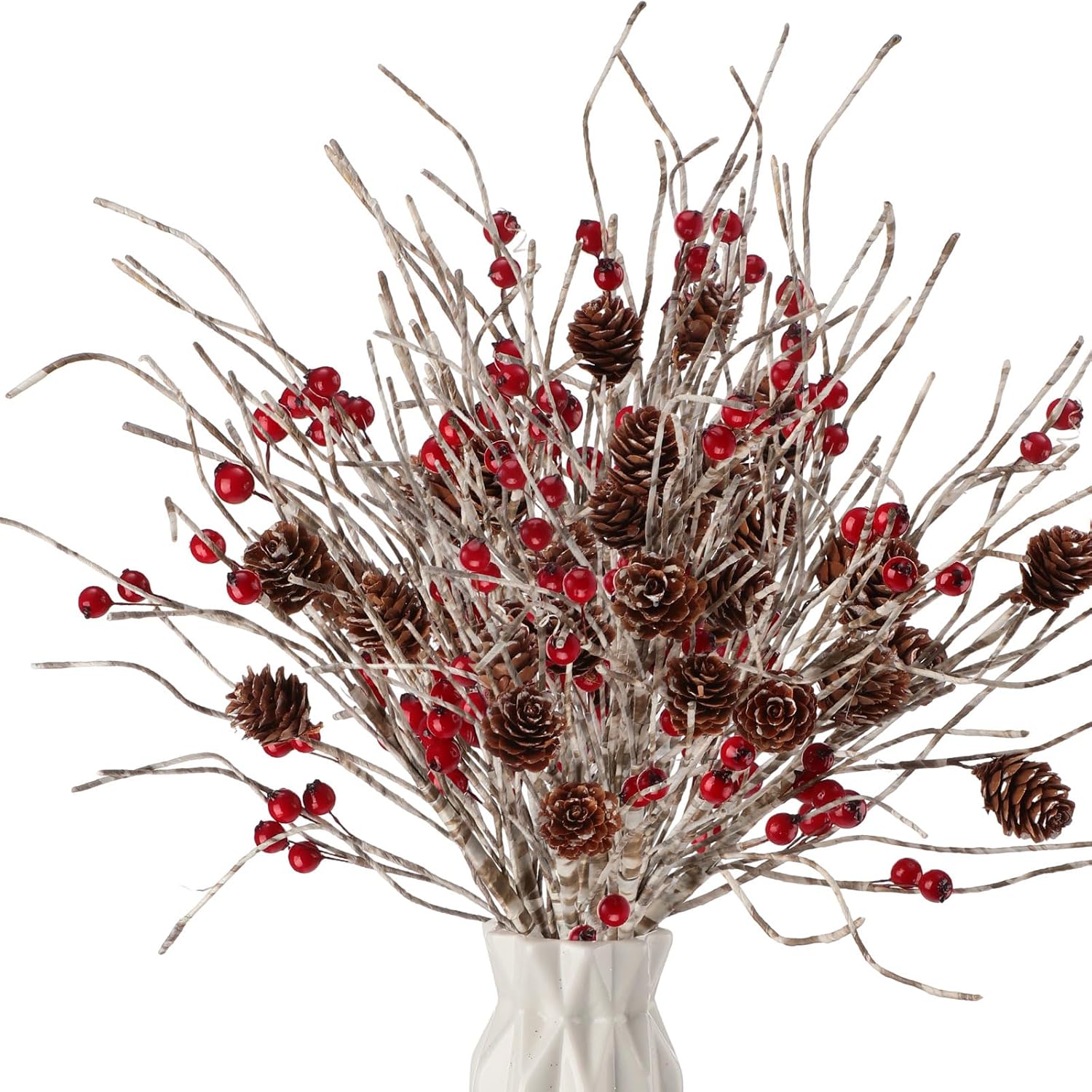 Chuangdi 12 Pcs Christmas Artificial Berry Pine Picks 16 Inch Christmas Tree Floral Stems Birch Berry Pinecones Picks for Vase Wreath for Xmas DIY Crafts Holiday Garland Home Winter Branches Decor