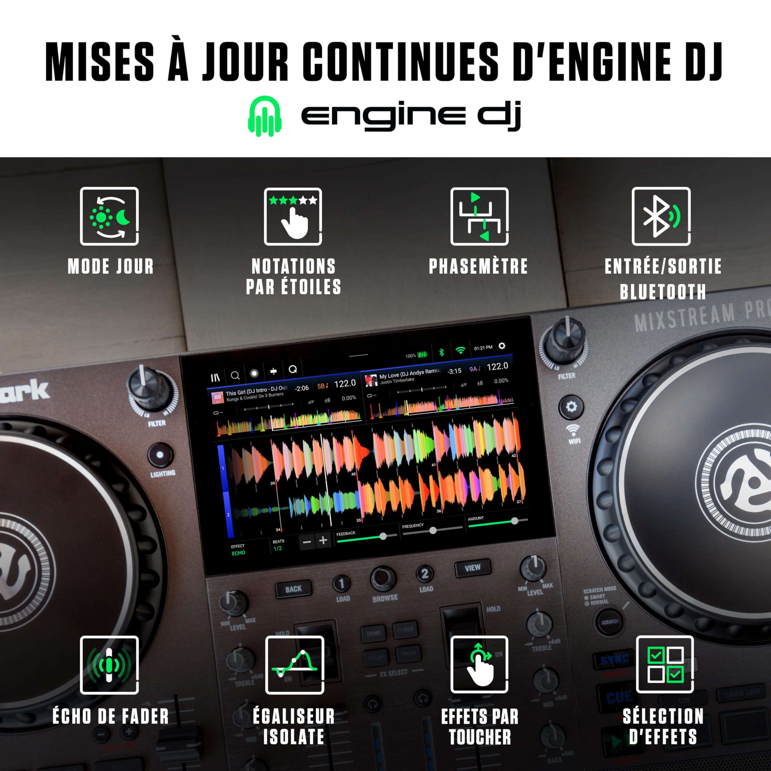Numark Mixstream Pro Go contrôleur DJ portable à batterie, mixeur avec séparation Stems, haut-parleurs, Wi-Fi, écran tactile, compatible Serato DJ
