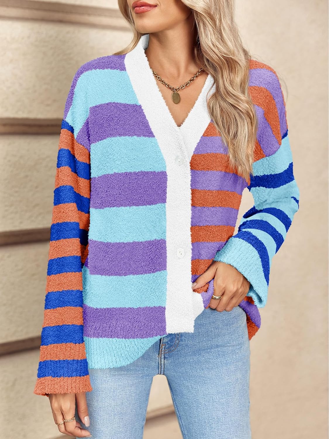 Saodimallsu Womens Striped Cardigan Sweaters V Neck Open Front Button Up Color Block Fuzzy Loose Knit Coats - Image 2