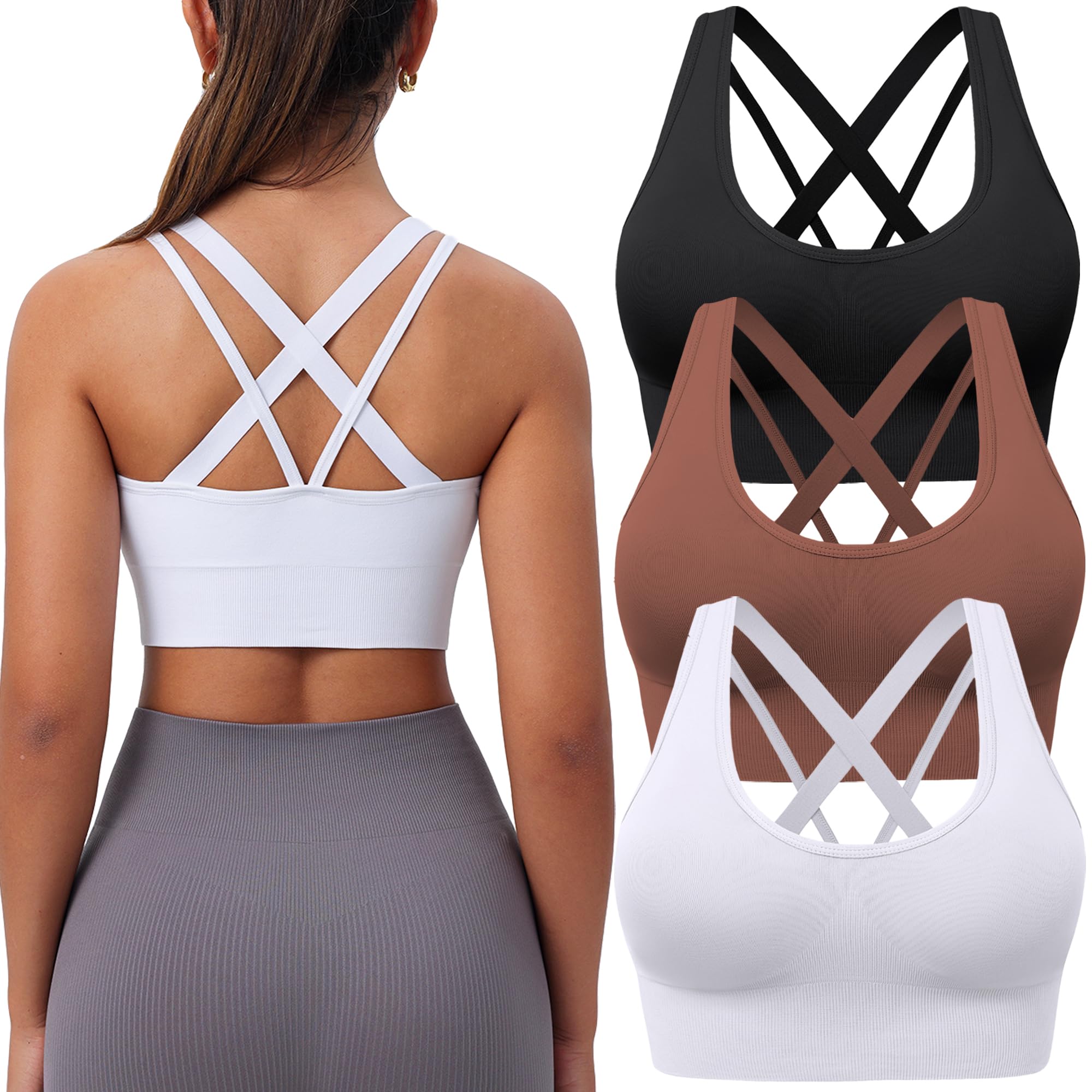 BLUELILY Sports Bra for Women Medium Support Criss Cross Strappy Bras Seamless Padded High Impact Yoga Athletic Exercise Bras