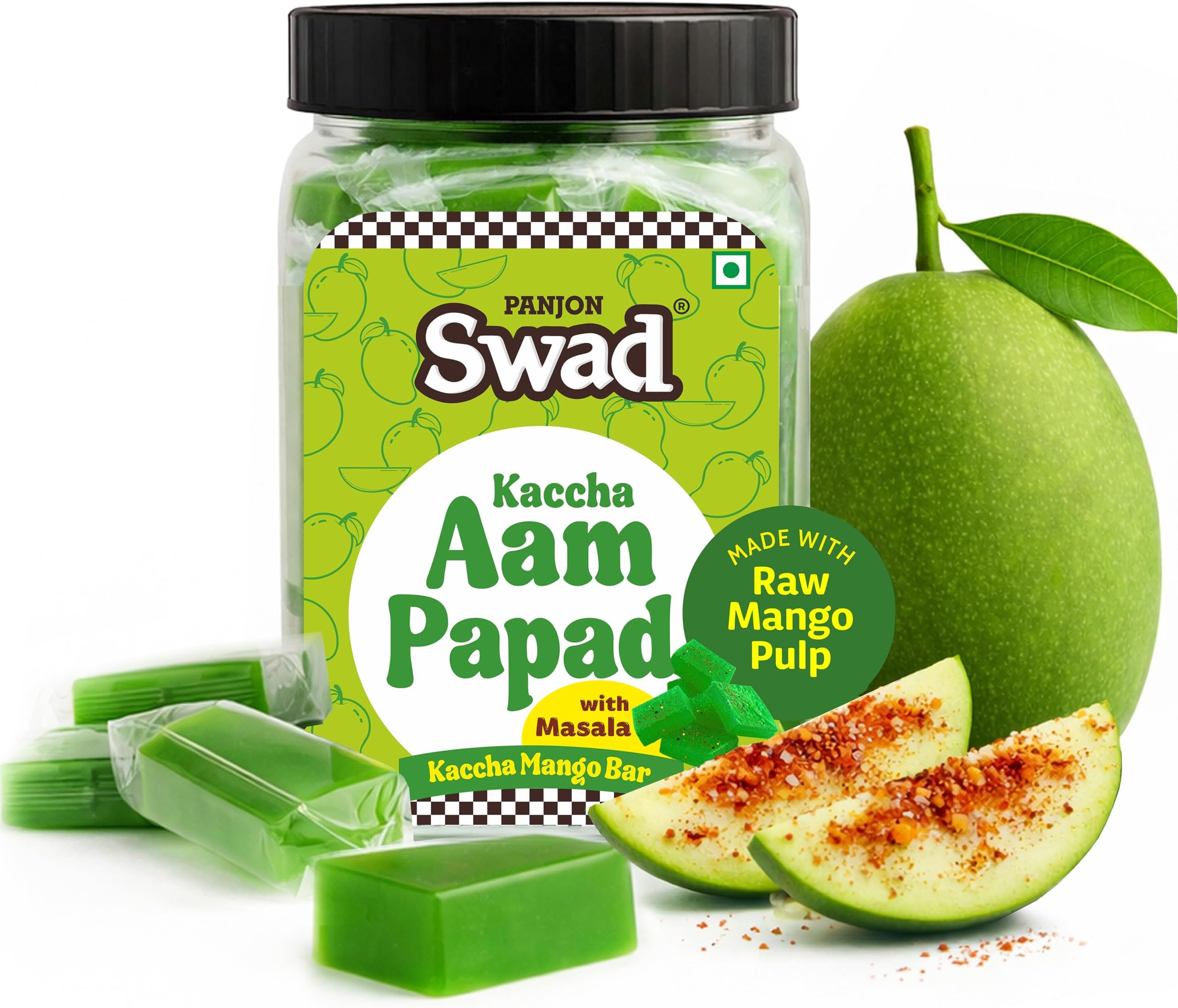 Panjon Swad Kaccha Aam Papad Candy With Masala – Raw Mango Pulp Sweet & Tangy Treat, 380g Jar