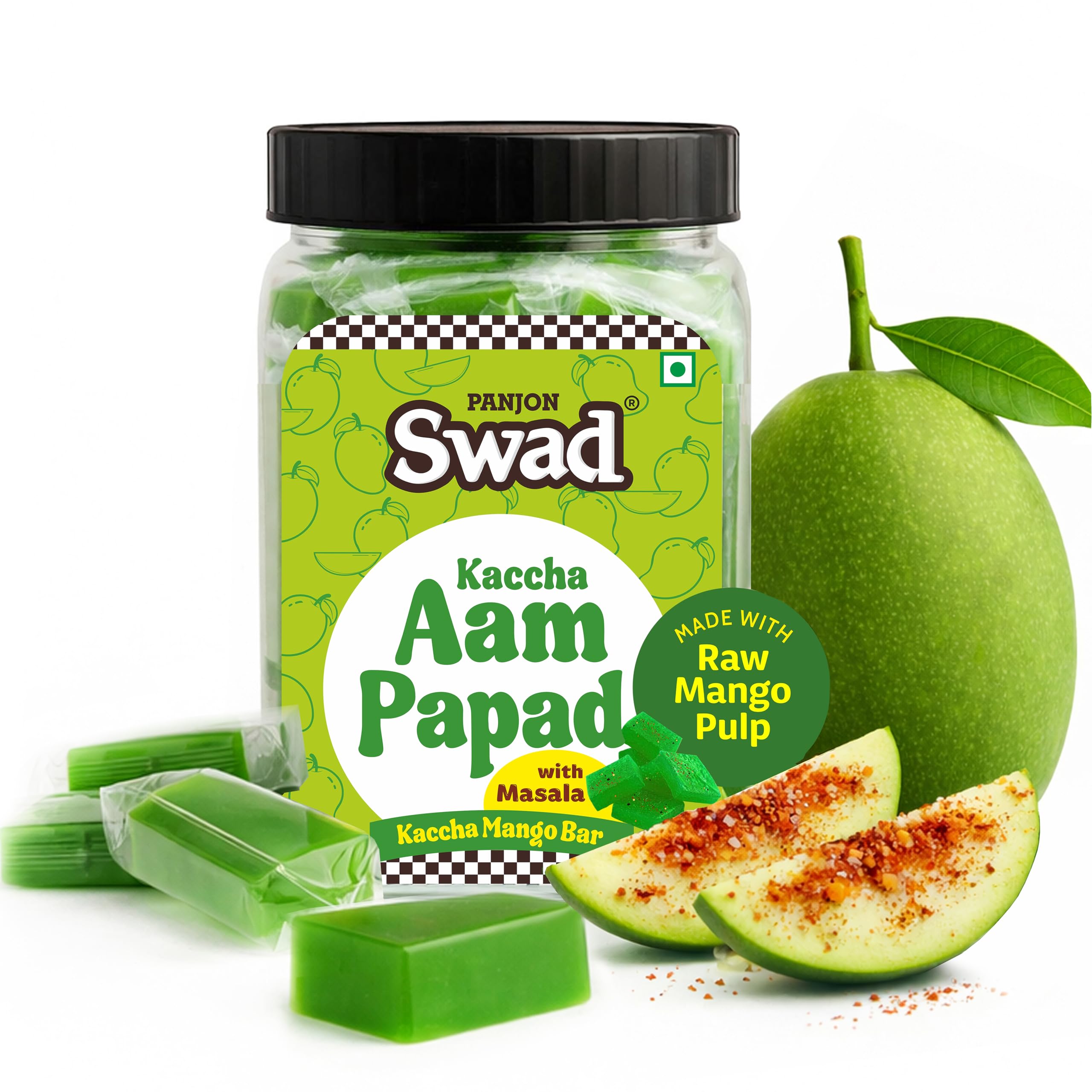 Panjon Swad Kaccha Aam Papad Candy With Masala – Raw Mango Pulp Sweet & Tangy Treat, 380g Jar