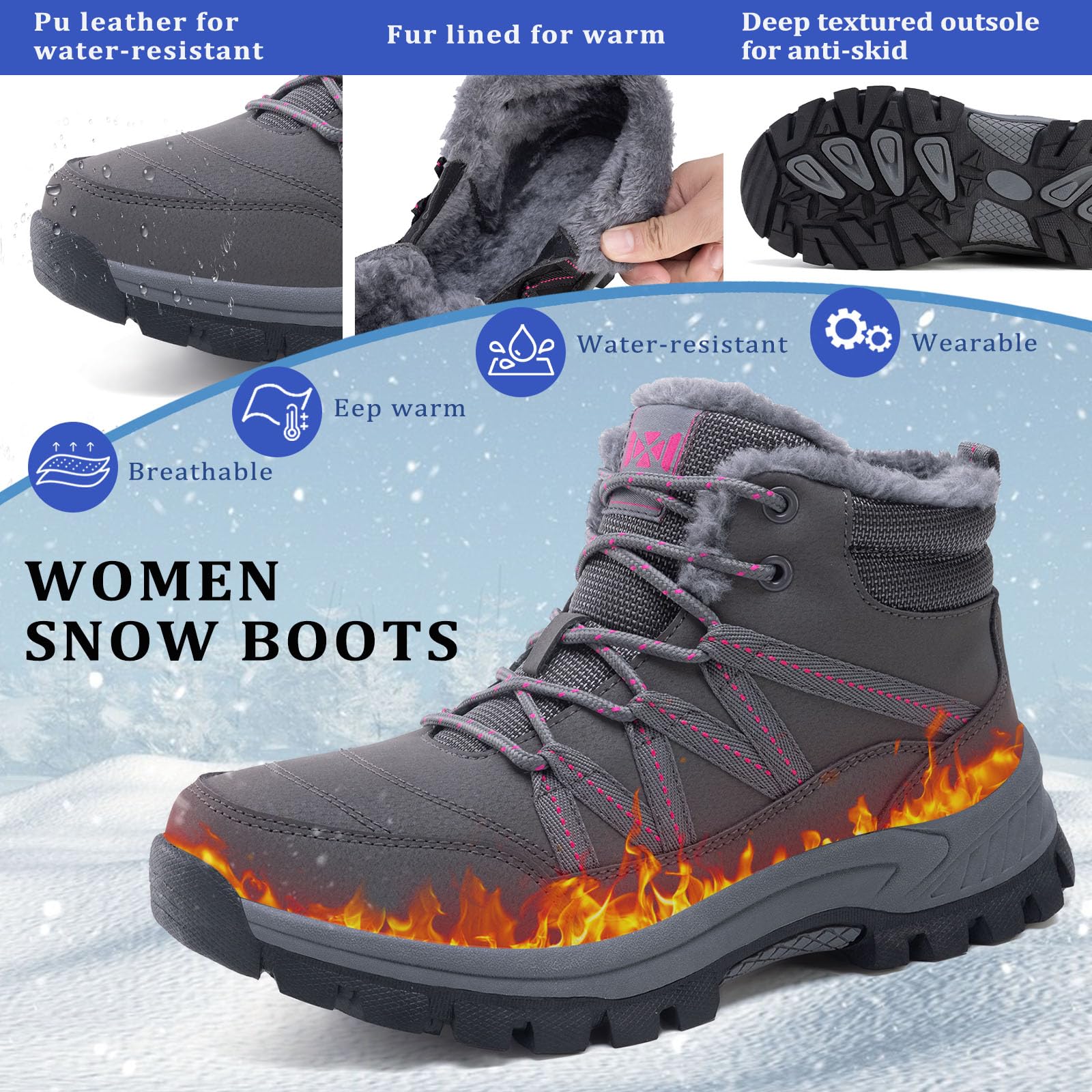 Warm Femmes Neige Bottes Chaussures d'hiver Classiques pour Femme Antidérapantes Outdoor Bottine de Neige Randonnée