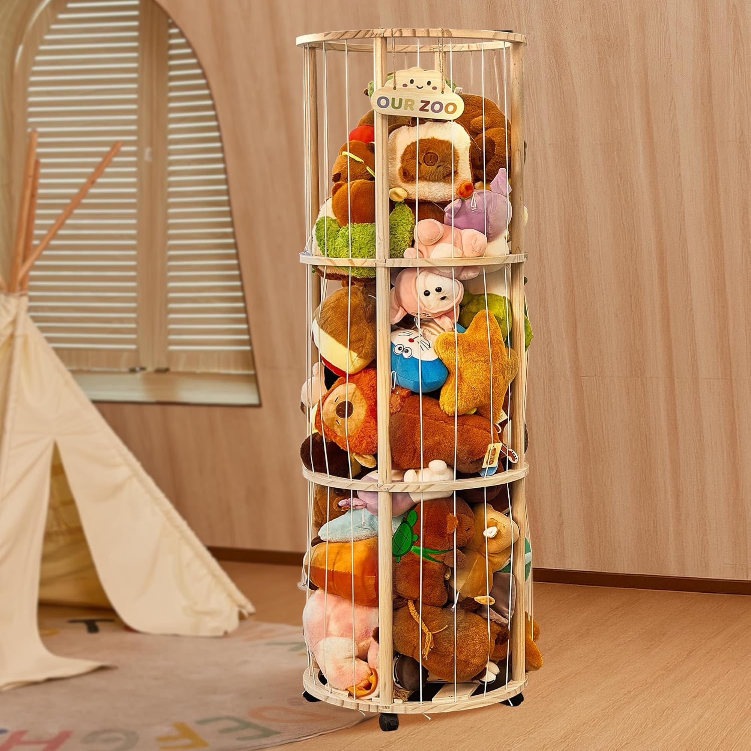 Stuffed Animal Storage with Wheels, 54" Large Wooden Toy Organizer