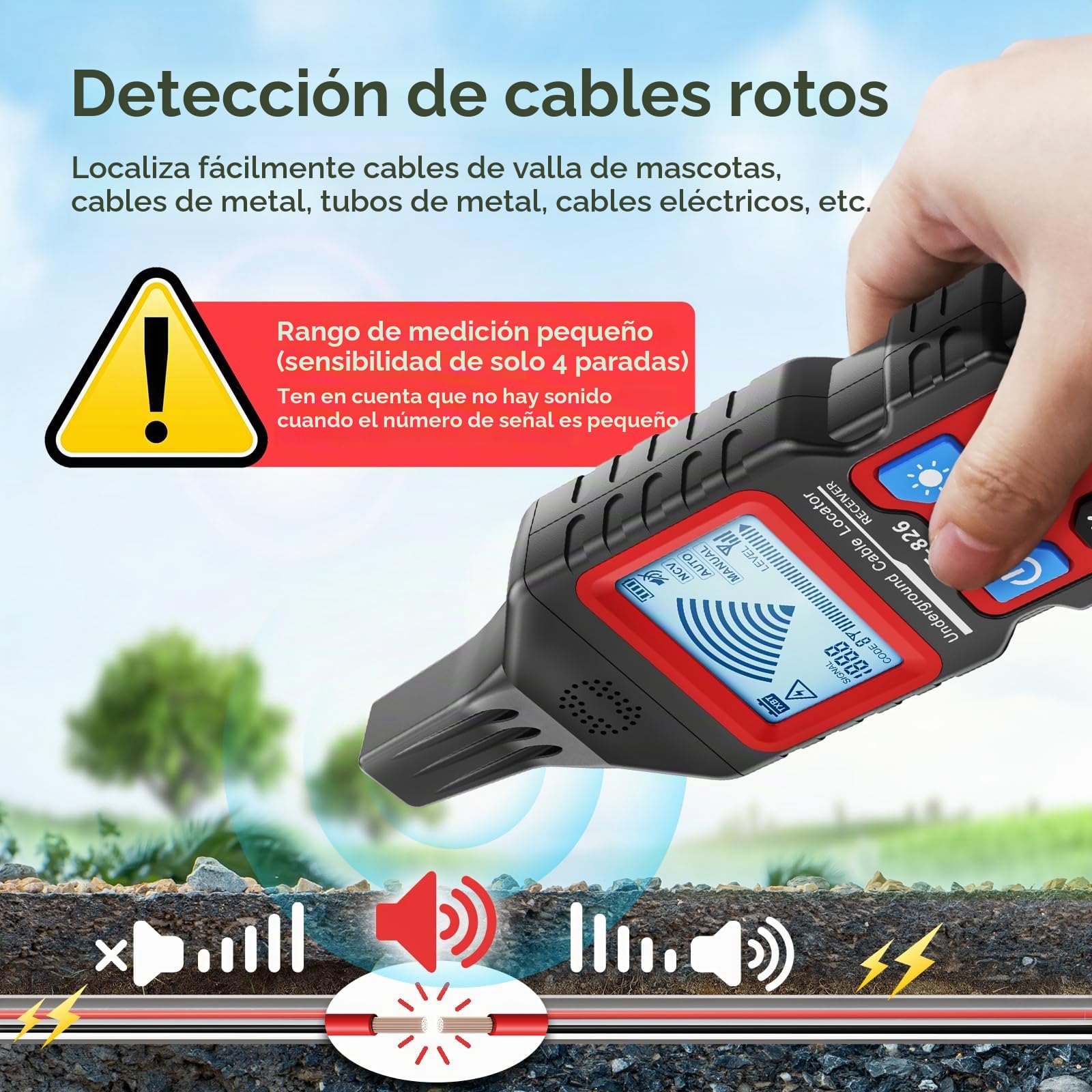 NF-826 - Detector de cables subterráneo, rastreador de cables, comprobador de cables, detector de tubos de metal, rastreador de cables, herramienta para detectar cables de pared y tierra