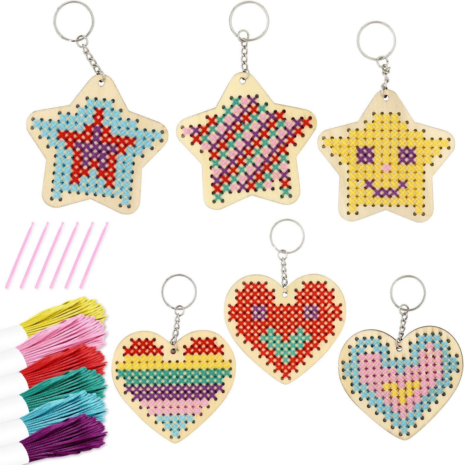 VKPI Wooden Cross Stitch Kits for Kids, Make Your Own 6 Cross Stitching Keyrings, Wood Sewing Kit, Arts & Crafts Stars, Hearts Ornaments, Plastic Needle Embroidery Kit for Beginners, Girls, 6-13