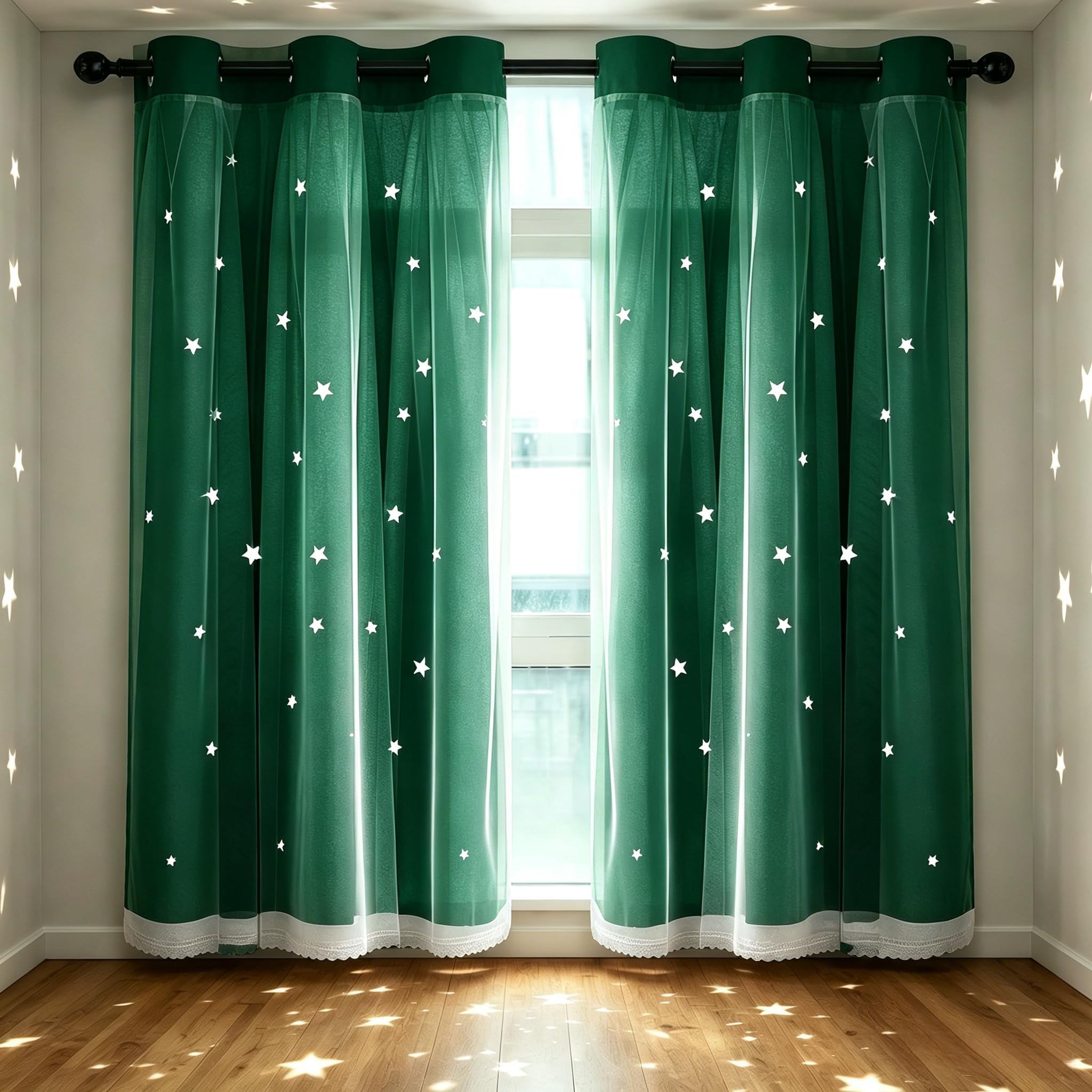 Kinryb Kids Room Curtains Decorative Cute Star Cut-Out Blackout Curtains Mix and Match Curtain Room Decor Thermal Insulated Drape for Living Room 42" W x 72" L Forest Green 2 Panels