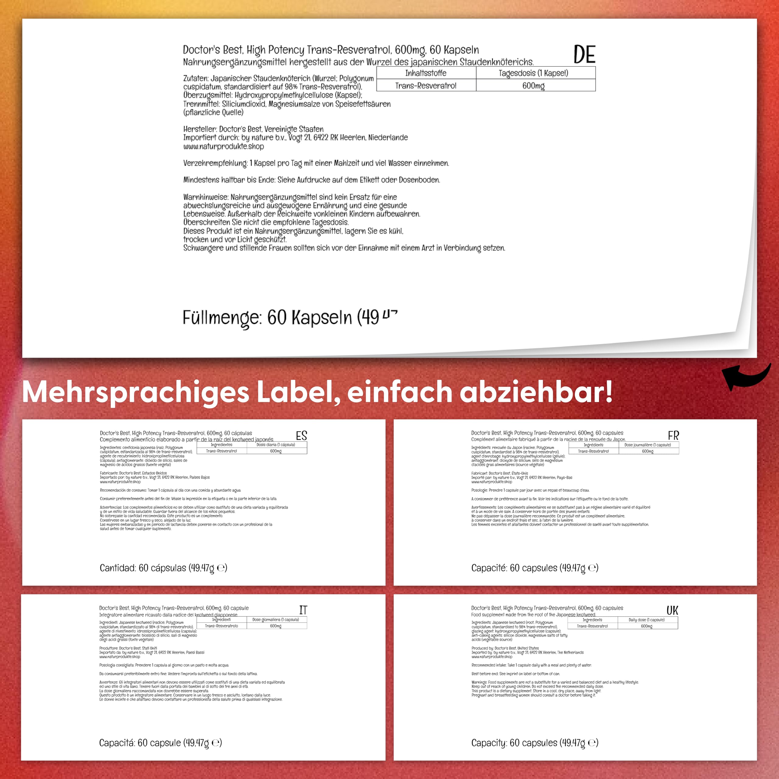 Doctor's Best, High Potency Trans-Resveratrol, 600mg, 60 vegane Kapseln, Laborgeprüft, Glutenfrei, Sojafrei, Vegetarisch