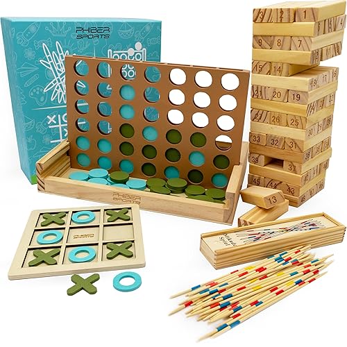 PHIBER-SPORTS Jeux en Bois 4-en-1 : Quatre-en-Ligne, Morpion, Mikado &