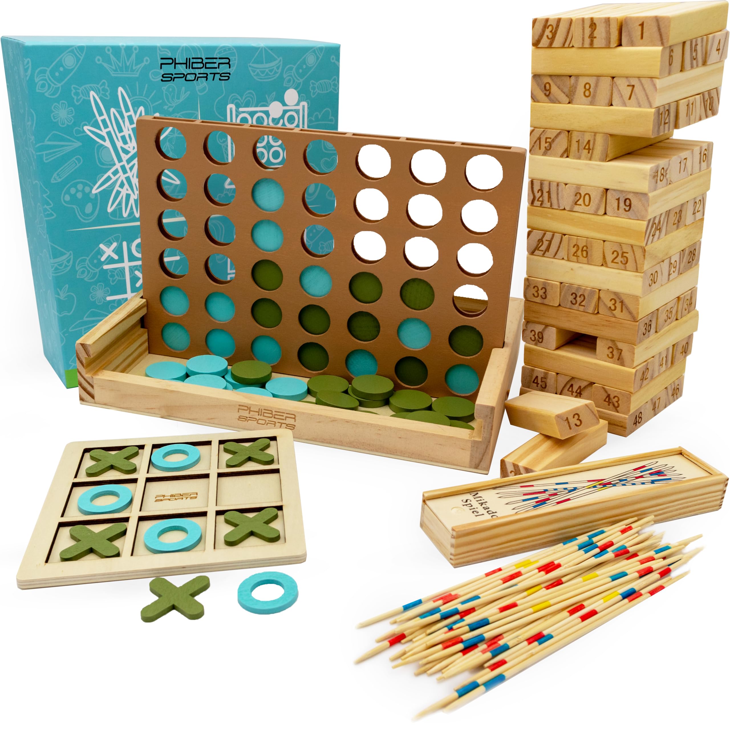 PHIBER-SPORTS Jeux en Bois 4-en-1 : Quatre-en-Ligne, Morpion, Mikado & Tour Instable – Collection Jeux Classiques Bois – Idée Cadeau Enfants & Adultes – Durable, Écologique & sans Plastique