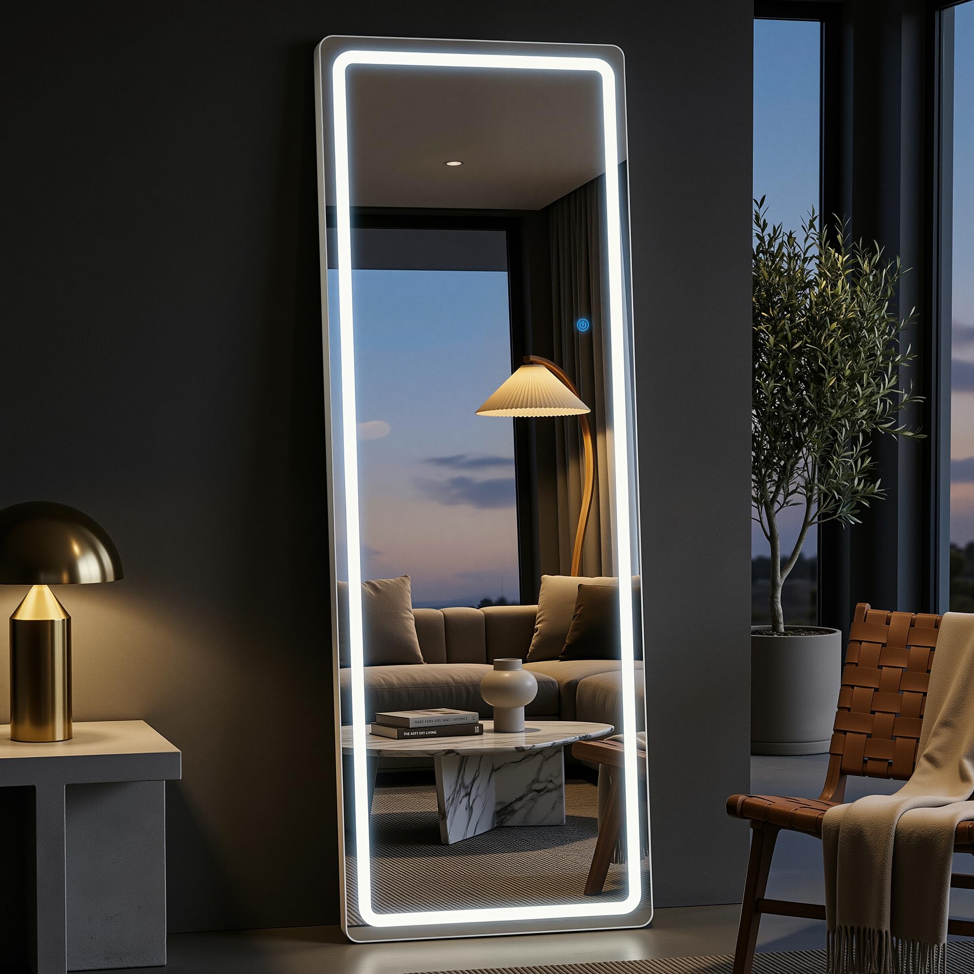 Antok Ganzkörperspiegel mit Beleuchtung, 161x50cm, LED Standspiegel in Volle Länge, Bodenspiegel mit Dimmen & 3 Farbbeleuchtungen, Freistehend, Lehnen, Hängespiegel für Schlafzimmer, Ankleidezimmer