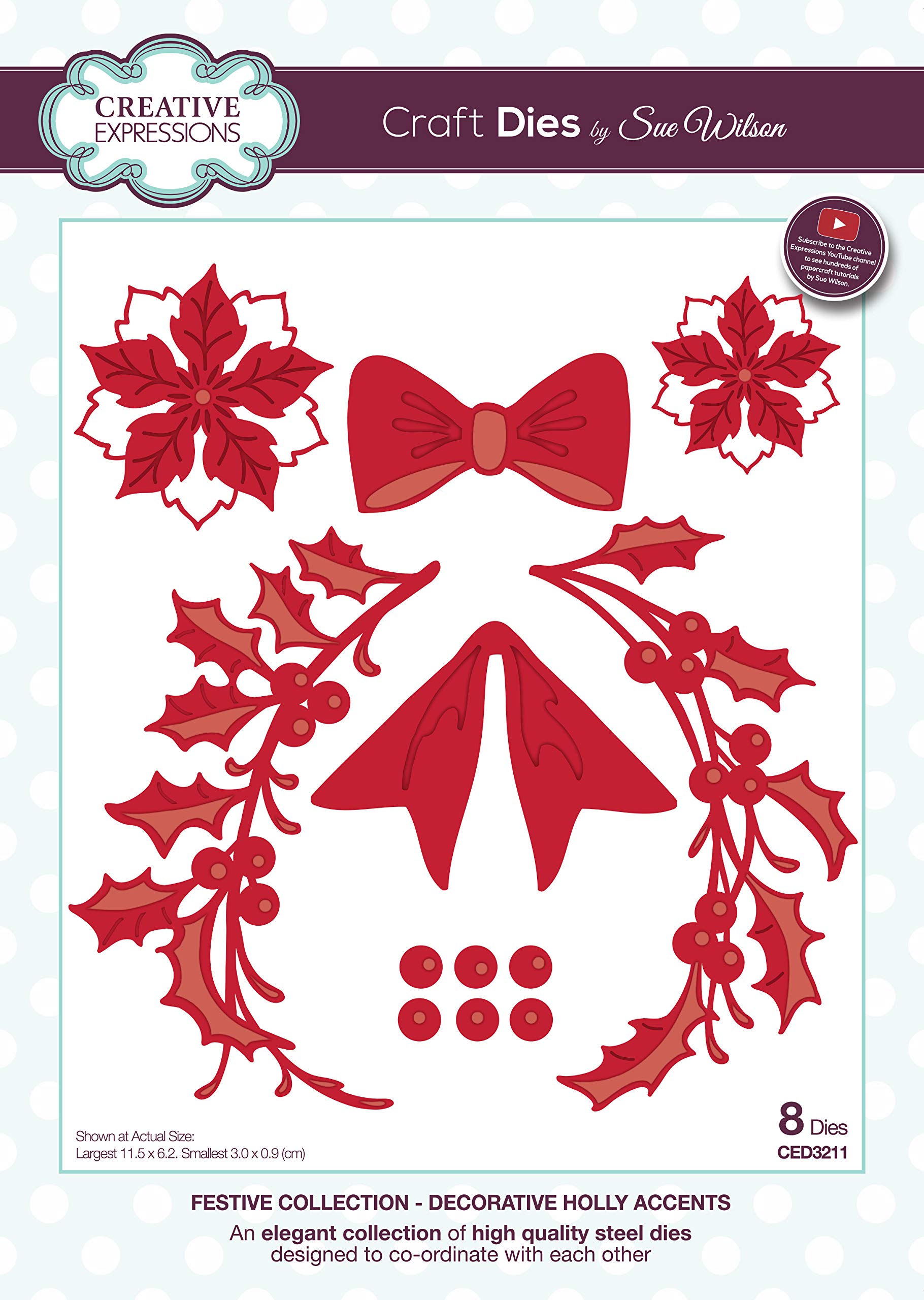 Sue Wilson Festive Collection-Decorative Holly Accents-Craft Die Set, Metal, Largest 11.5 x 6.2 cm
