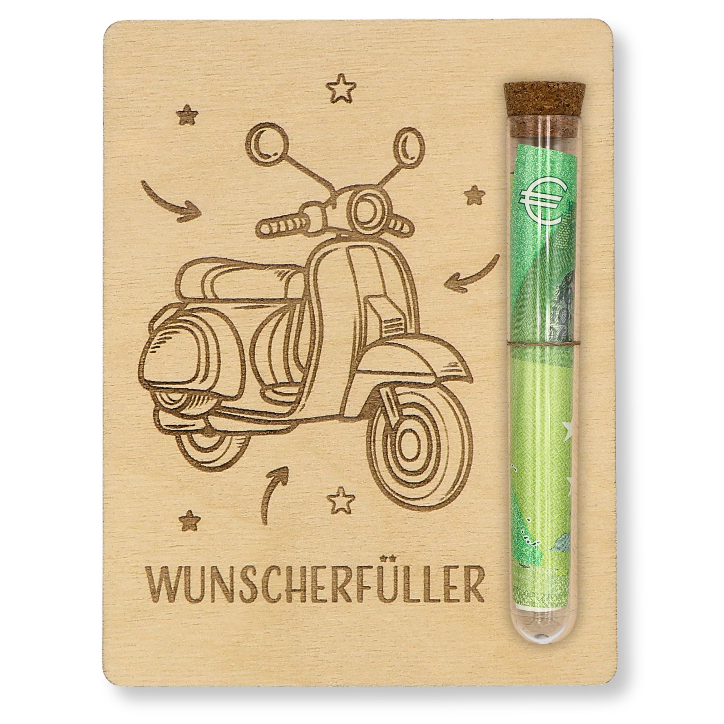 ZUKLA Verpackung Geldgeschenk Holz Moped - 13 x 10 cm - mit Reagenzglas - Vespa Geschenke für Männer & Frauen - Geldgeschenke Geburtstag Roller - Vespa Spardose