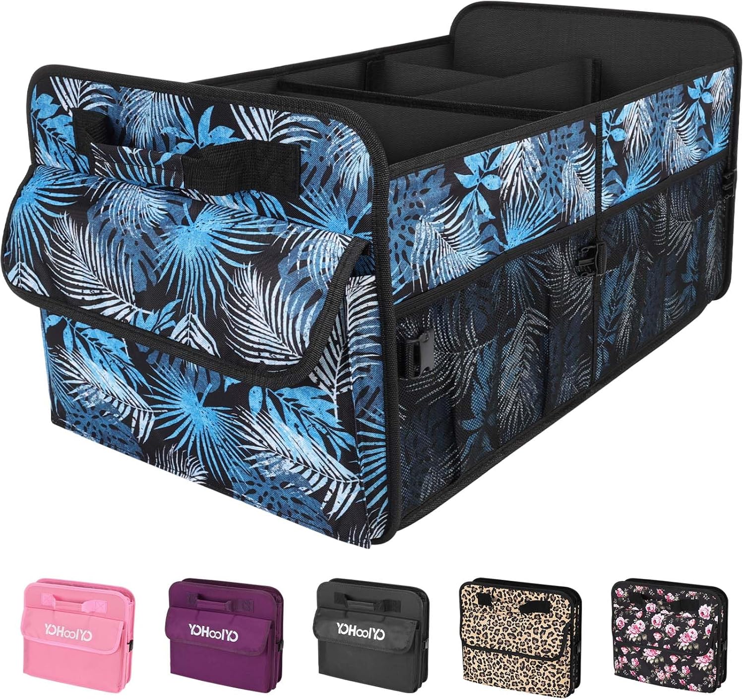 YOHOOLYO Car Boot Organiser 72L Large Capacity Car Organiser Collapsible 4 Compartments Storage, Multicolor Car Accessories for Women/Men, Floral Blue