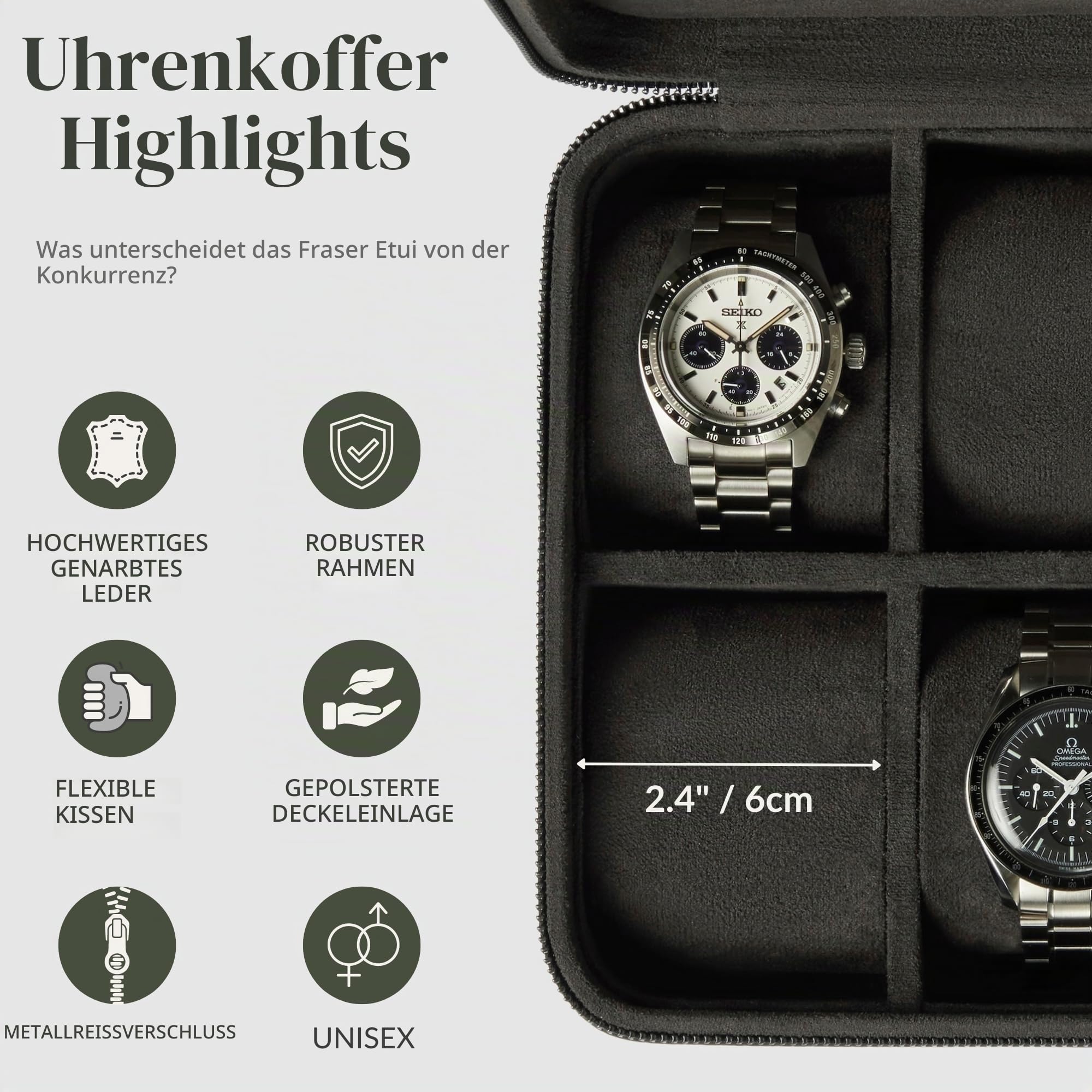 TAWBURY Leder-Uhrenbox mit 8 Fächern – Elegante und sichere Aufbewahrung für Ihre Uhren (Schwarz)