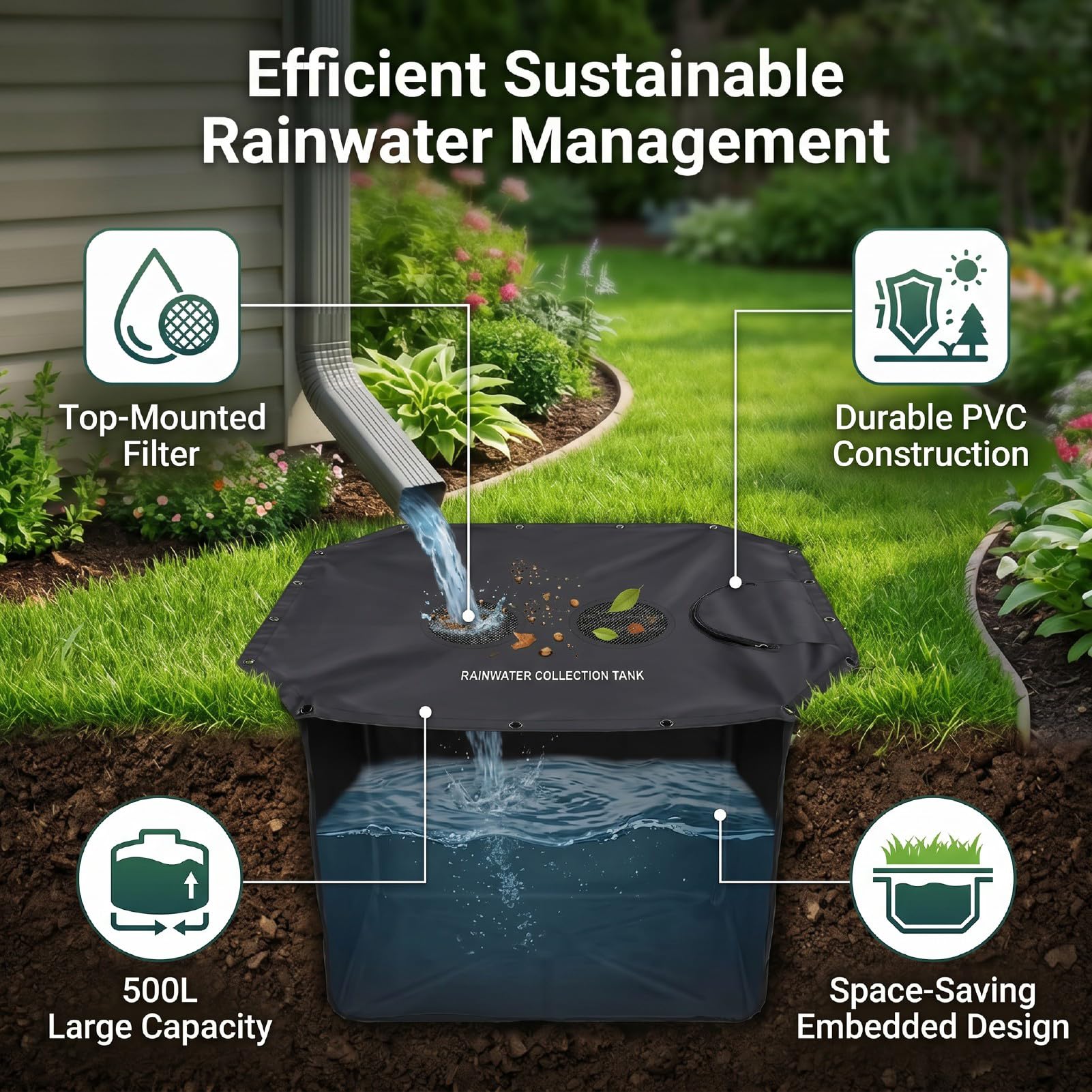 Colector de Agua de Lluvia Tanque de Almacenamiento de Agua de Jardín de PVC de Recolección de Lluvia Integrado de 500 L con Filtro Superior Depósito de Grande para Riego
