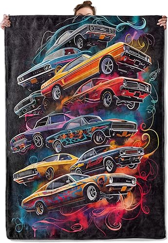 Manta retro para sofá, picnic, camping, decoración al aire libre, diseño clásico de autos neón, súper suave y acogedora, manta de forro polar