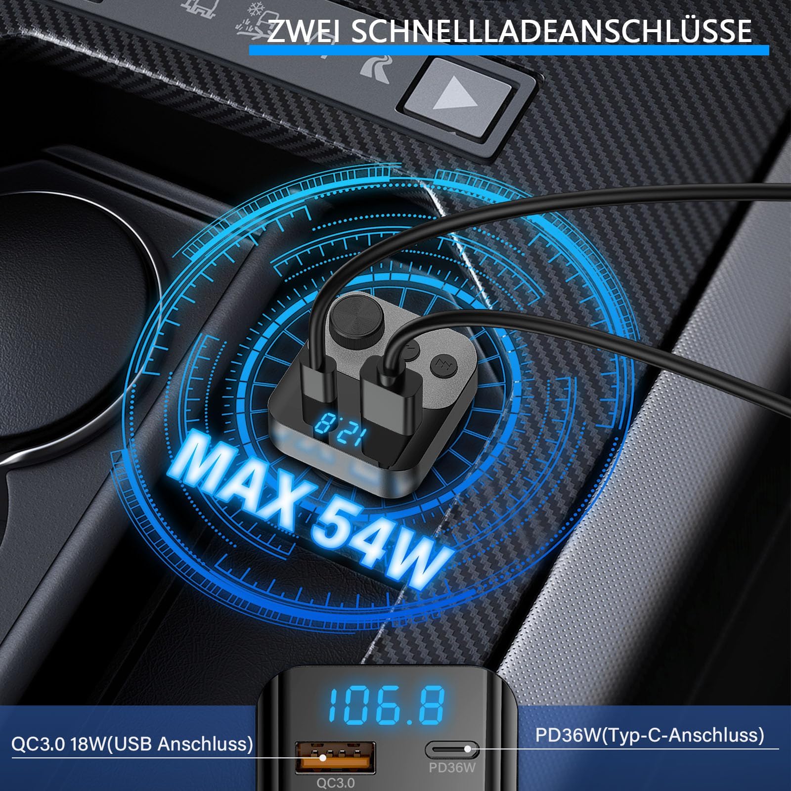 Adapter Bluetooth do samochodu, nadajnik FM - Bluetooth 5.3 zestaw głośnomówiący, ładowarka PD36W USB-C & QC3.0, adapter Bluetooth do samochodu z wyświetlaczem napięcia dla iPhone, Android Autoradio