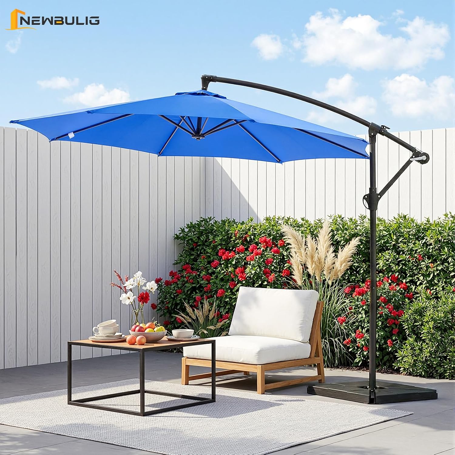 newbulig 10ft patio umbrella, offset cantilever outdoor patio table umbrella, uv protection, fade resistant fabric, easy tilt adjustment for pool, deck, garden, backyard dark blue 10ft-with 4 bases