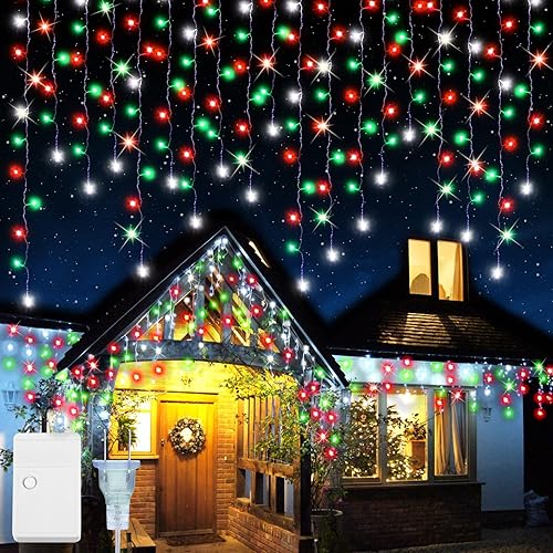Baquler Luces LED de Navidad de carámbano de 200 pies, decoración al aire libre, 2592 luces LED extralargas parpadeantes, 8 modos, cable