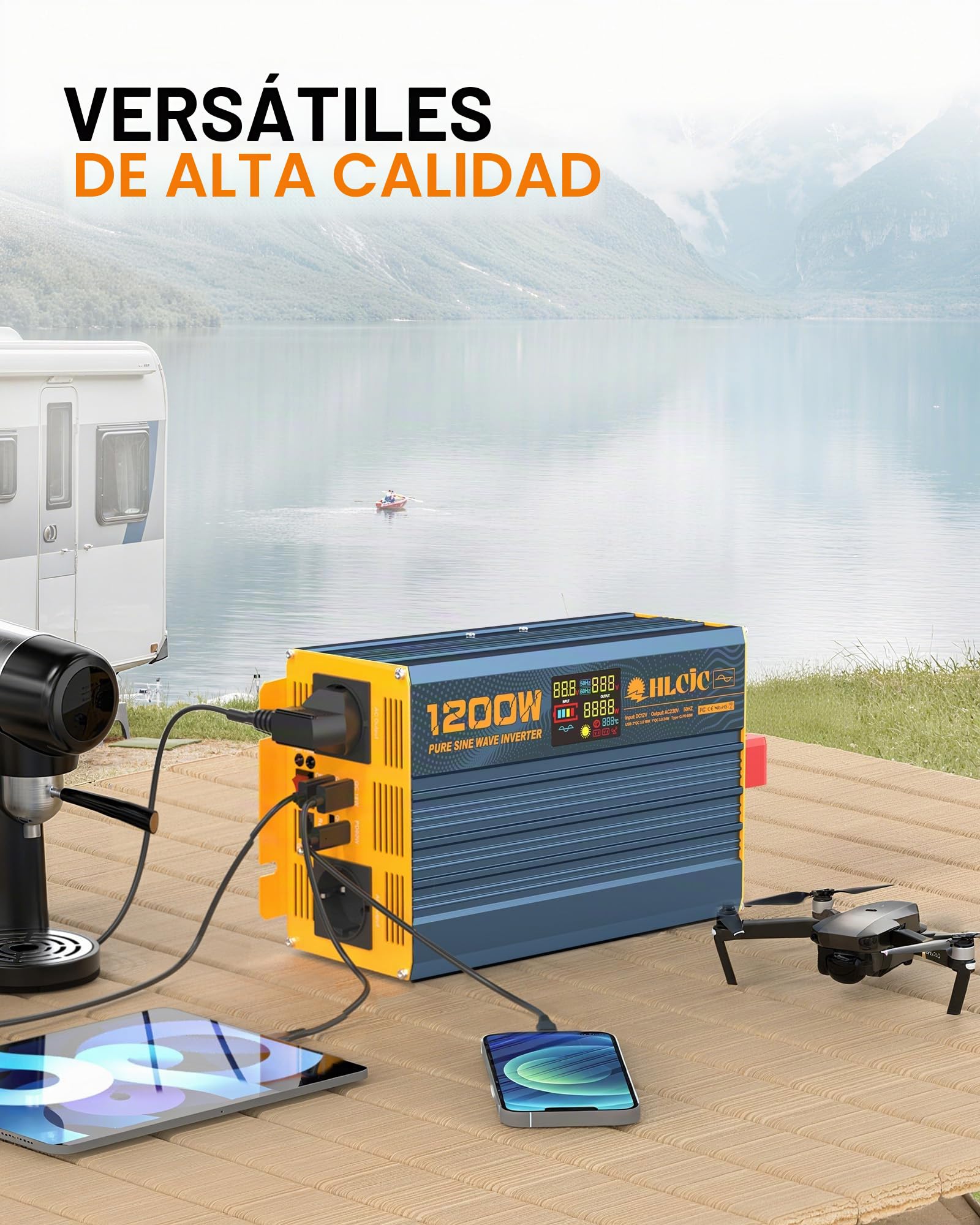 Inversor de Corriente 1200W/2400W Onda Sinusoidal Pura 12V a 230V, Pantalla LCD para Autocaravana Camión Coche