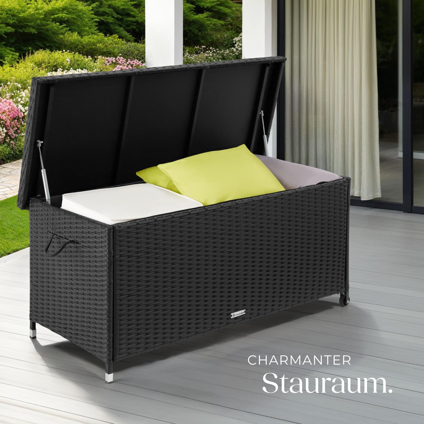 tectake® Poly Rattan Auflagenbox wetterfest, abschließbare Box mit Deckel, outdoor Aufbewahrungskiste mit Innentasche, Kissenbox 270L, rollbar, für Garten, Terrasse, Balkonmöbel - schwarz