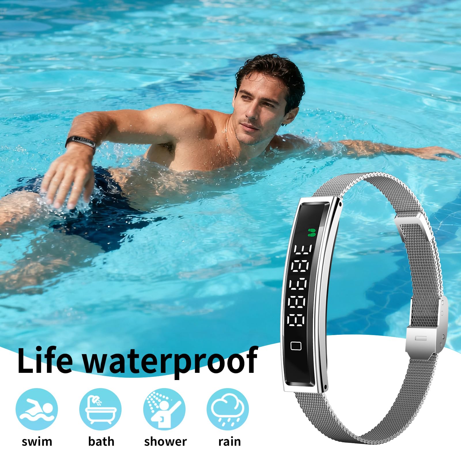 Smart Bracelet,Activity&Fitness Trackers,Touch Screen/Sleep Tracker/Heart Rate/Blood Oxygen,5ATM Waterproof,Multiple Sports Modes,Free App for iOS Android (Steel Belt, Rose Gold)