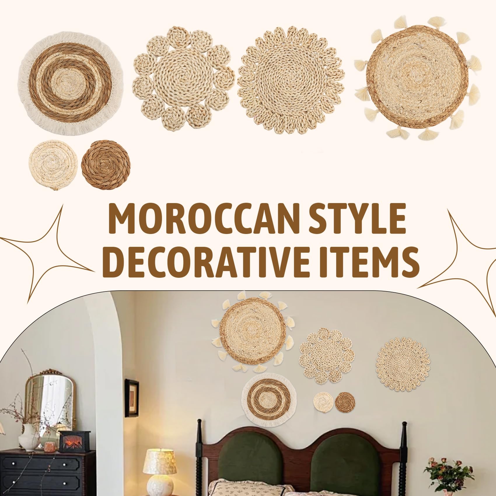 Paniers Muraux Bohème - Lot De 6 - Tressés Rotin Et Coquilles De Maïs - Déco Murale Ethnique - Pour Salon, Chambre