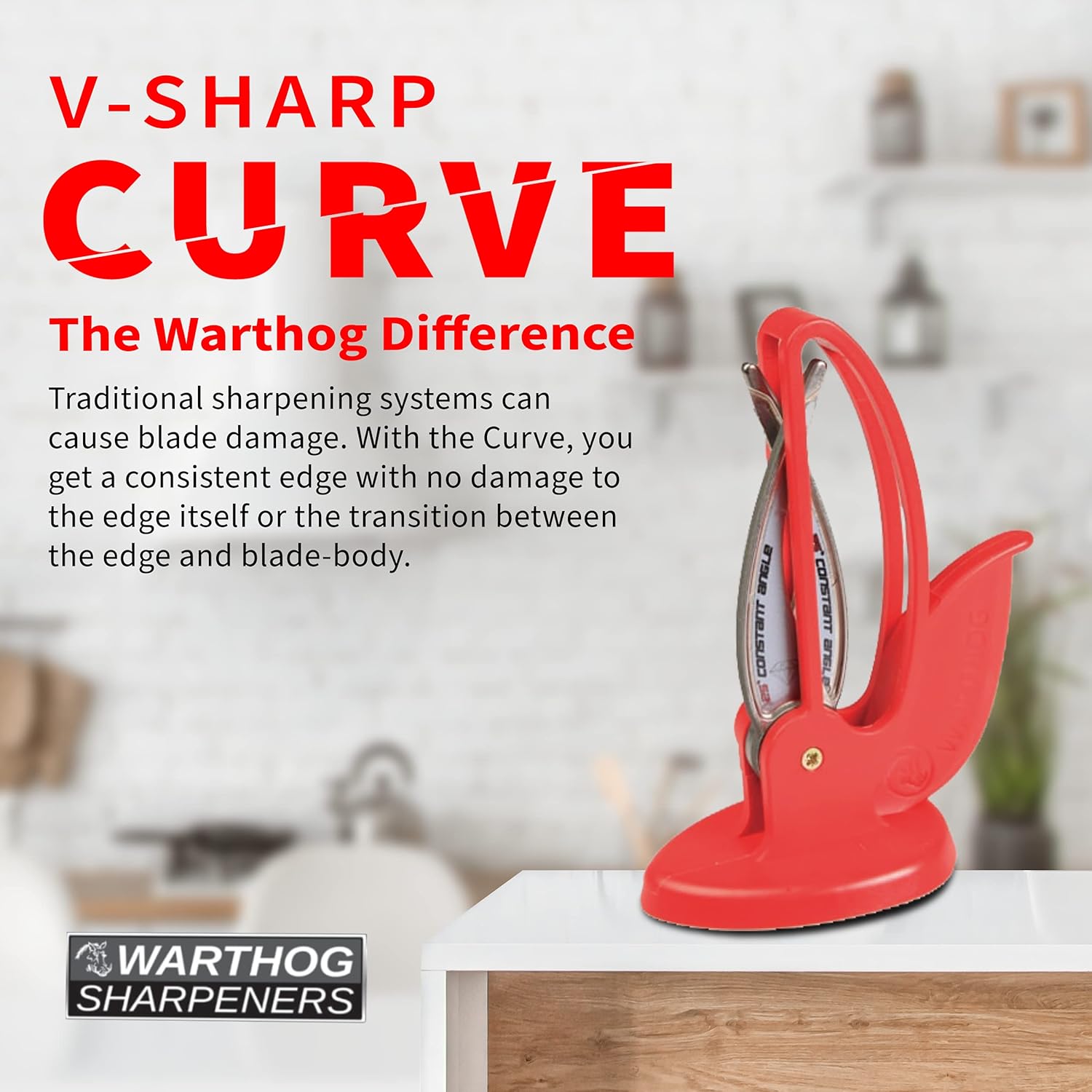 Warthog V-Sharp CURVE Professional Knife Sharpener System, 25 Degree Angle Knife Sharpener, 325 Grit Diamond Hones, Kitchen Tools, Easy to Use, Lightweight, No Adjustments, Ultra Compact, Red