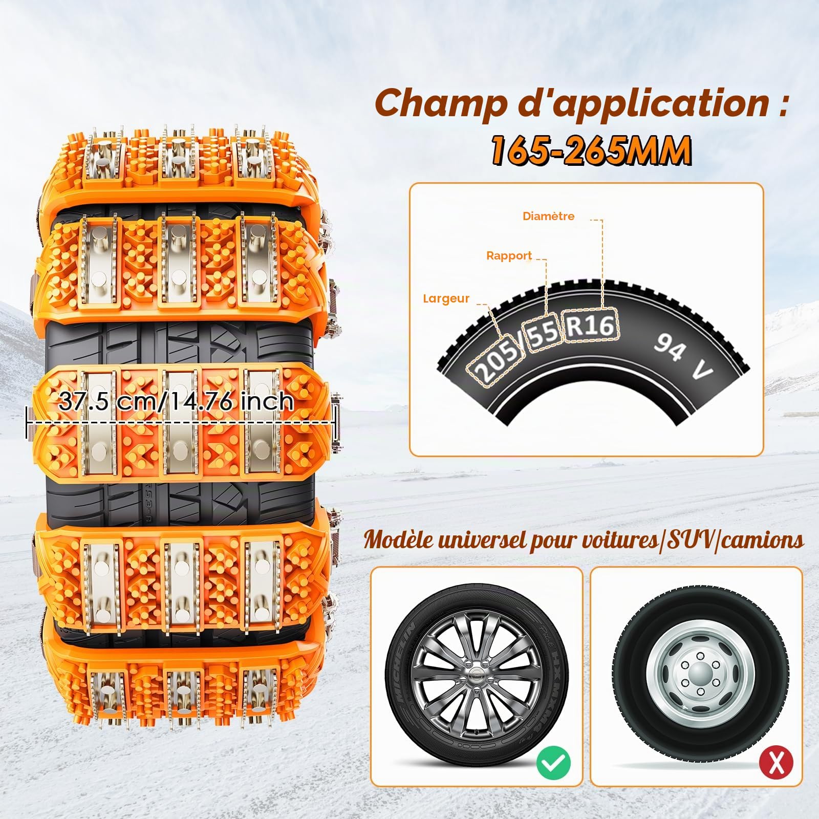 Chaînes à Neige pour Voitures Ninonly 8Pcs Chaîne Universelle Antidérapante d’Urgence pour Véhicules Voiture Camion SUV Adaptée aux Pneus de 165mm - 265mm pour Boue, Sable, Neige, Glace, Montée
