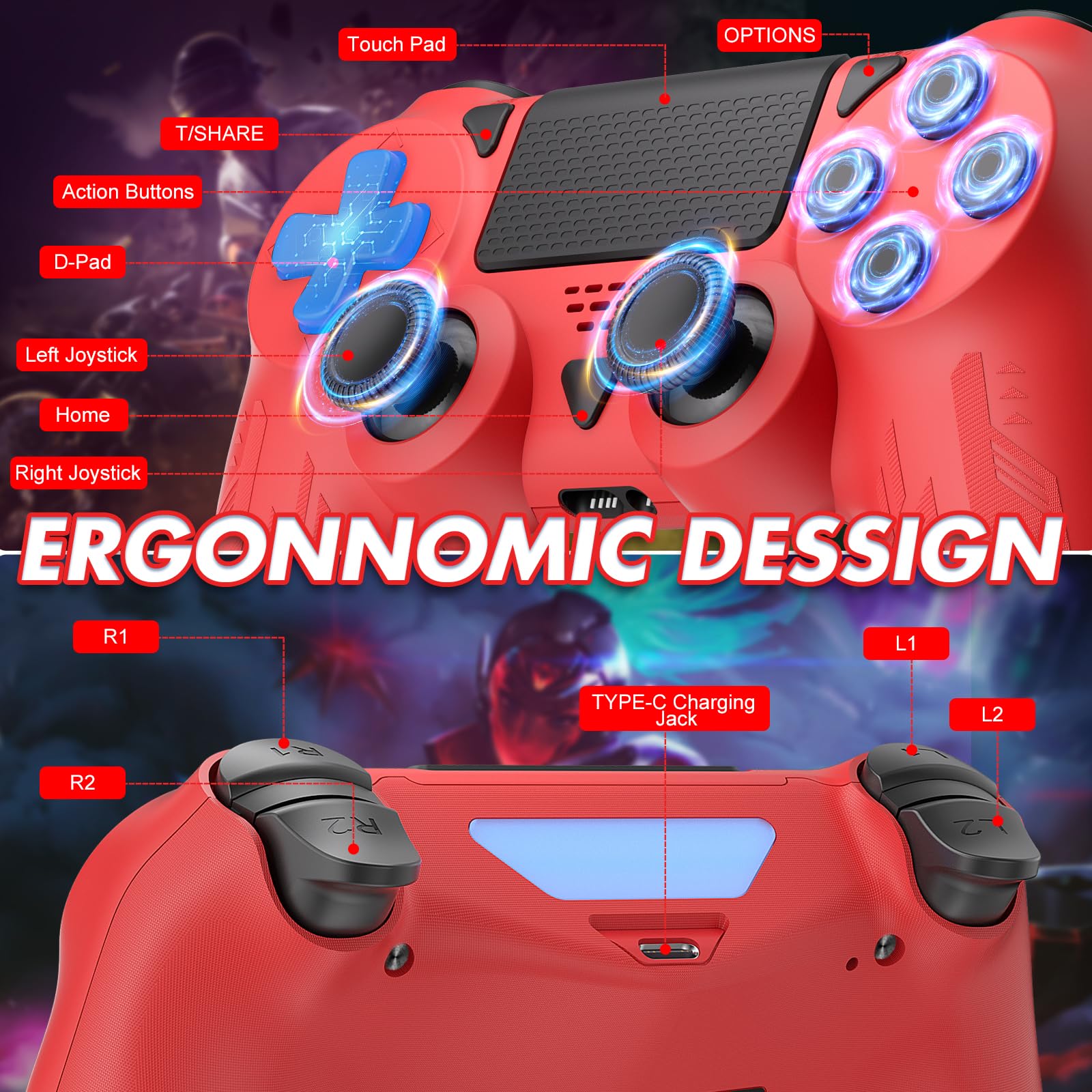 Bonacell Wireless Controller für P-4/PC/IOS/Android Dual Vibration Kabellose Gamepad mit Turbo und 3.5mm Audio Jack/LED/Touch Pad
