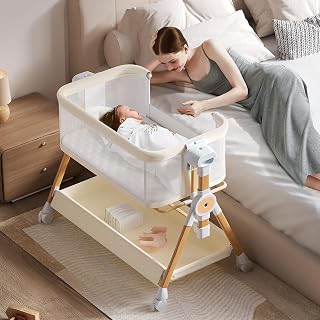 Kingobabys 3-in-1 Bedside Bassinet & Rocking Crib - Adjustable 6 Heights, Waterproof Mattress, Lockable Wheels for Newborns - Beige